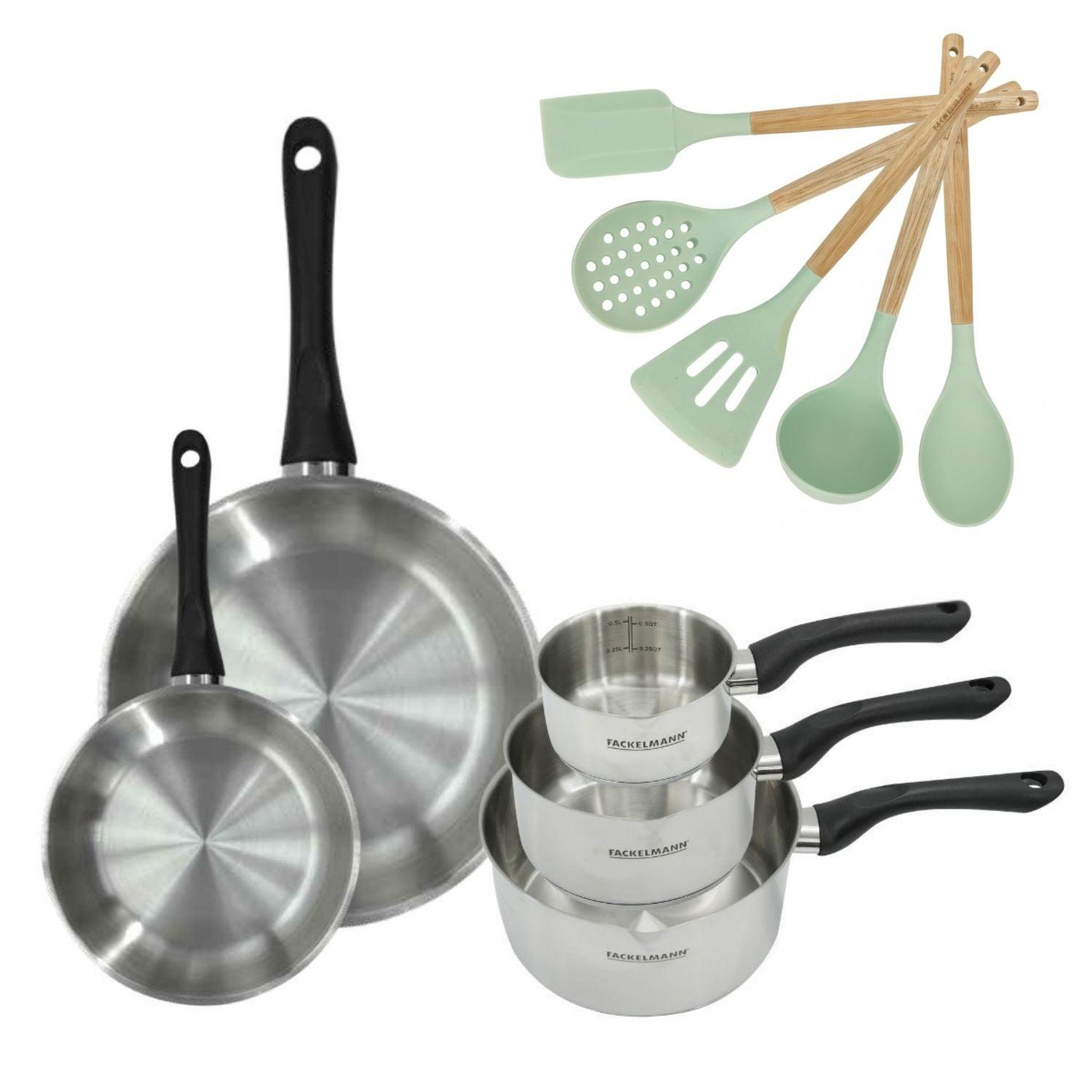 Fackelmann Batterie de cuisine avec 3 casseroles 12/16/20 cm et 2 poêles 20/28 cm et 5 ustensiles de cuisine fackelmann généva océan
