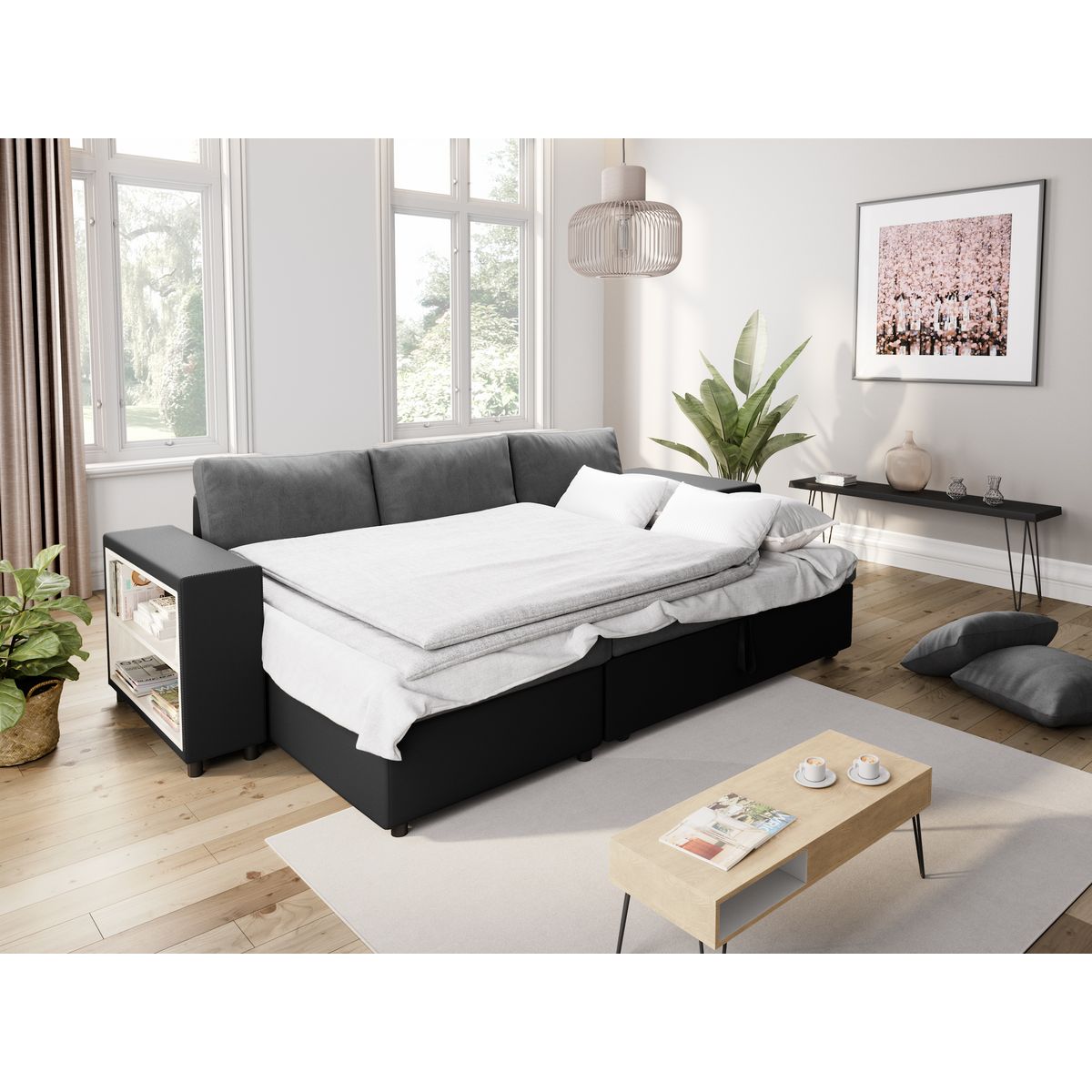 Canapé d'angle convertible avec coffre 3 places + 2 poufs à droite et étagère à gauche MACHA