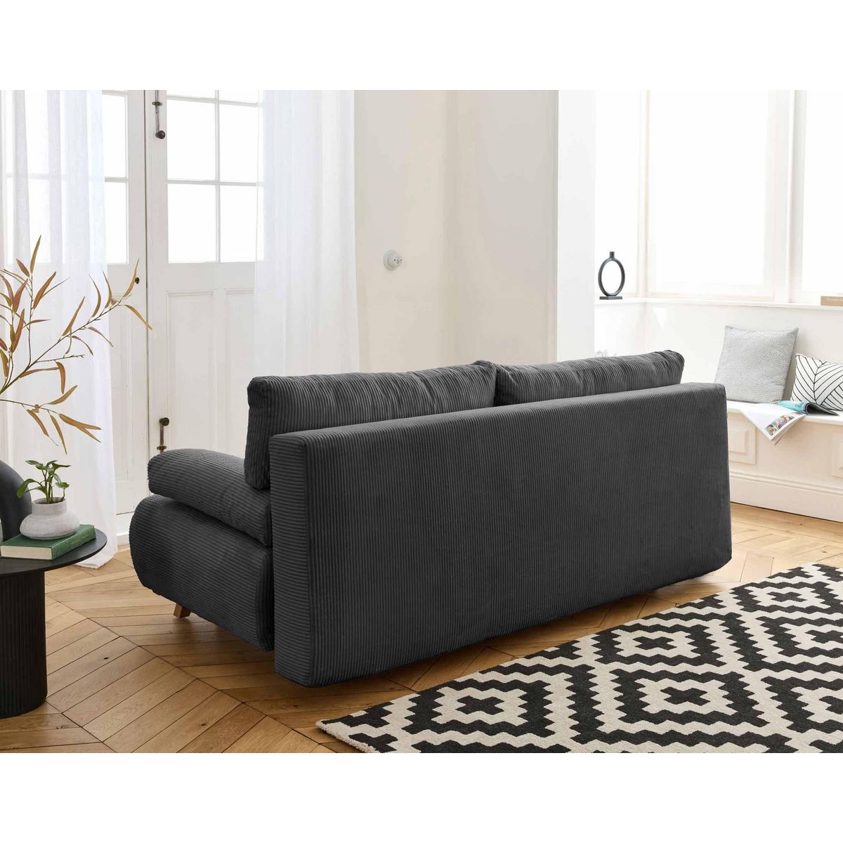 BEST MOBILIER Cristal - canapé 3 places - convertible avec coffre et grand pouf - en velours côtelé