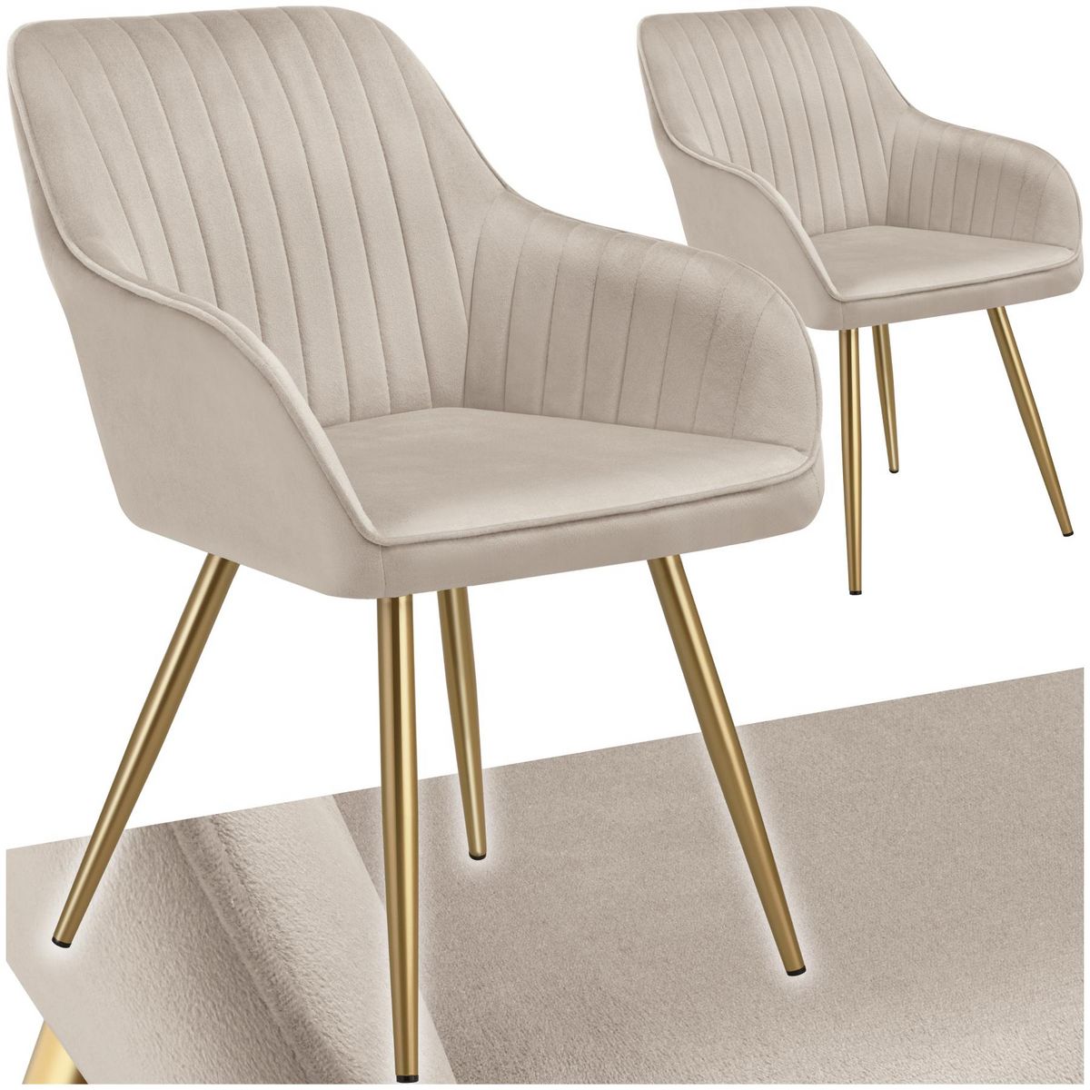 tectake Chaise de salle à manger en velours matelassé et rembourré taupe/or Lot de 2