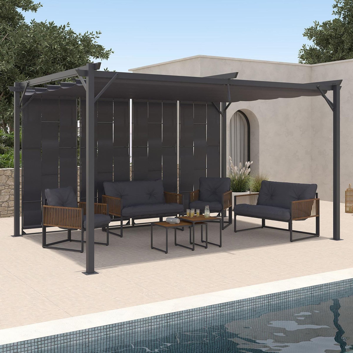 ID MARKET Pergola persienne 3x4 M gris anthracite avec toit rétractable et 4 pans modulables