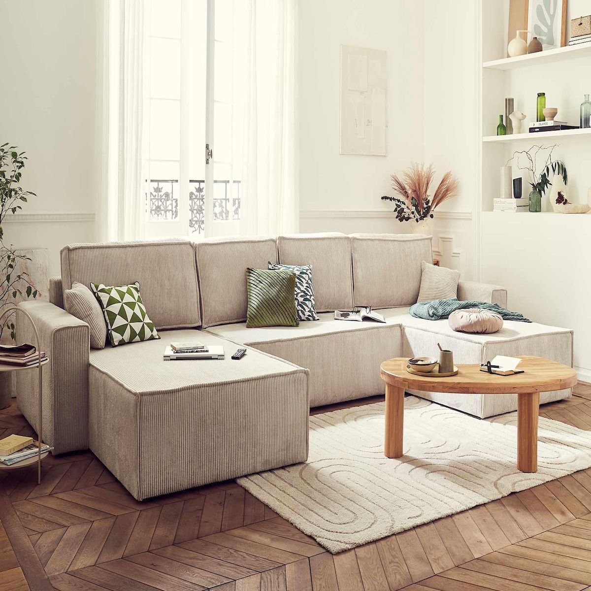 BEST MOBILIER Dellia - canapé panoramique en u - 7 places - convertible - avec coffre - en velours côtelé