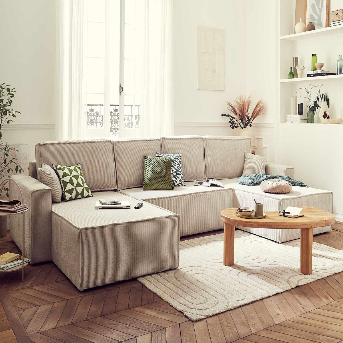 BEST MOBILIER Dellia - canapé panoramique en u - 7 places - convertible - avec coffre - en velours côtelé