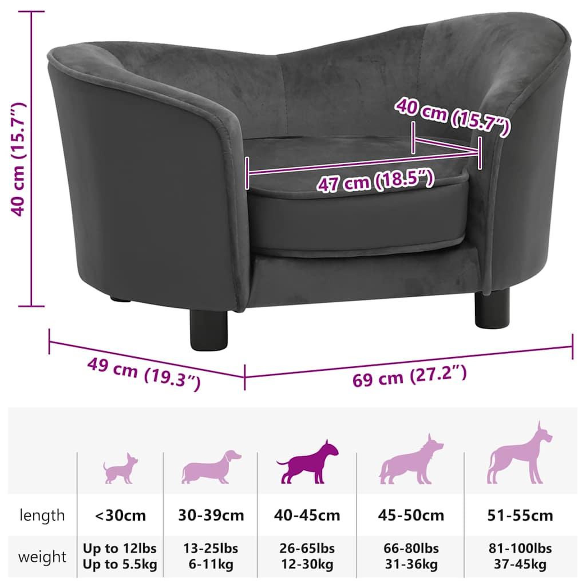Voir la diapositive 6 : VIDAXL Canape pour chien gris fonce 69x49x40 cm peluche et similicuir