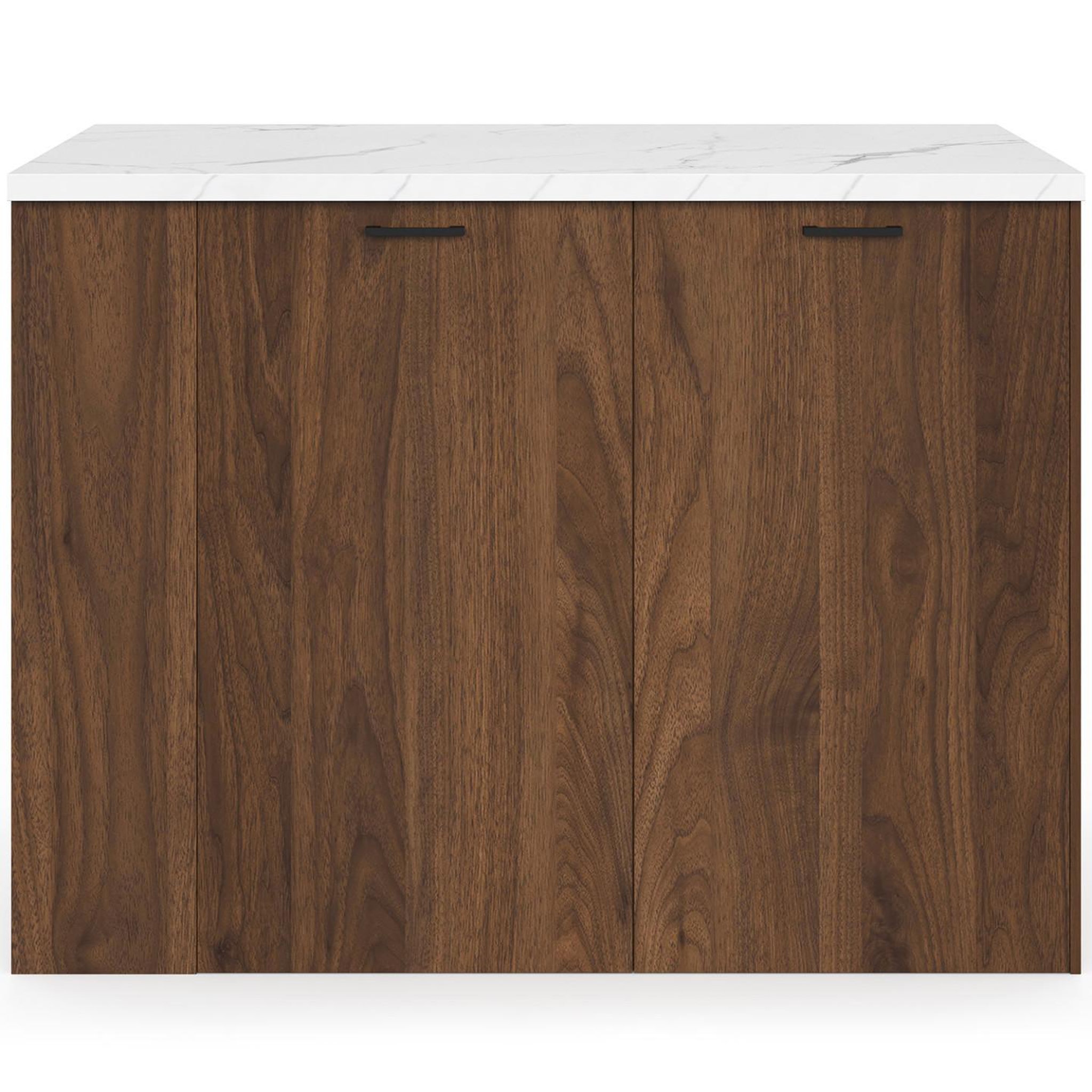 Voir la diapositive 3 : ID MARKET Ilot central tibo 120 cm bois foncé effet noyer avec plan de travail effet marbre alaska