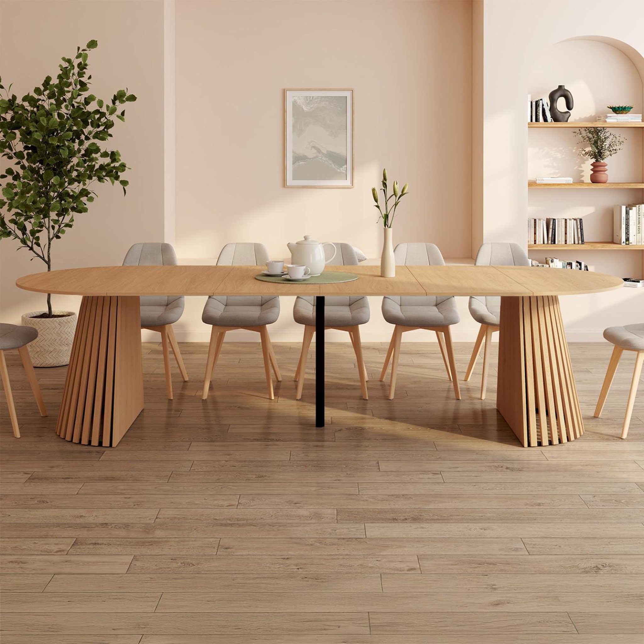 Voir la diapositive 2 : ID MARKET Table à manger extensible ronde carmen 4-12  personnes pied bois en lattes et plateau bois 110-300 cm
