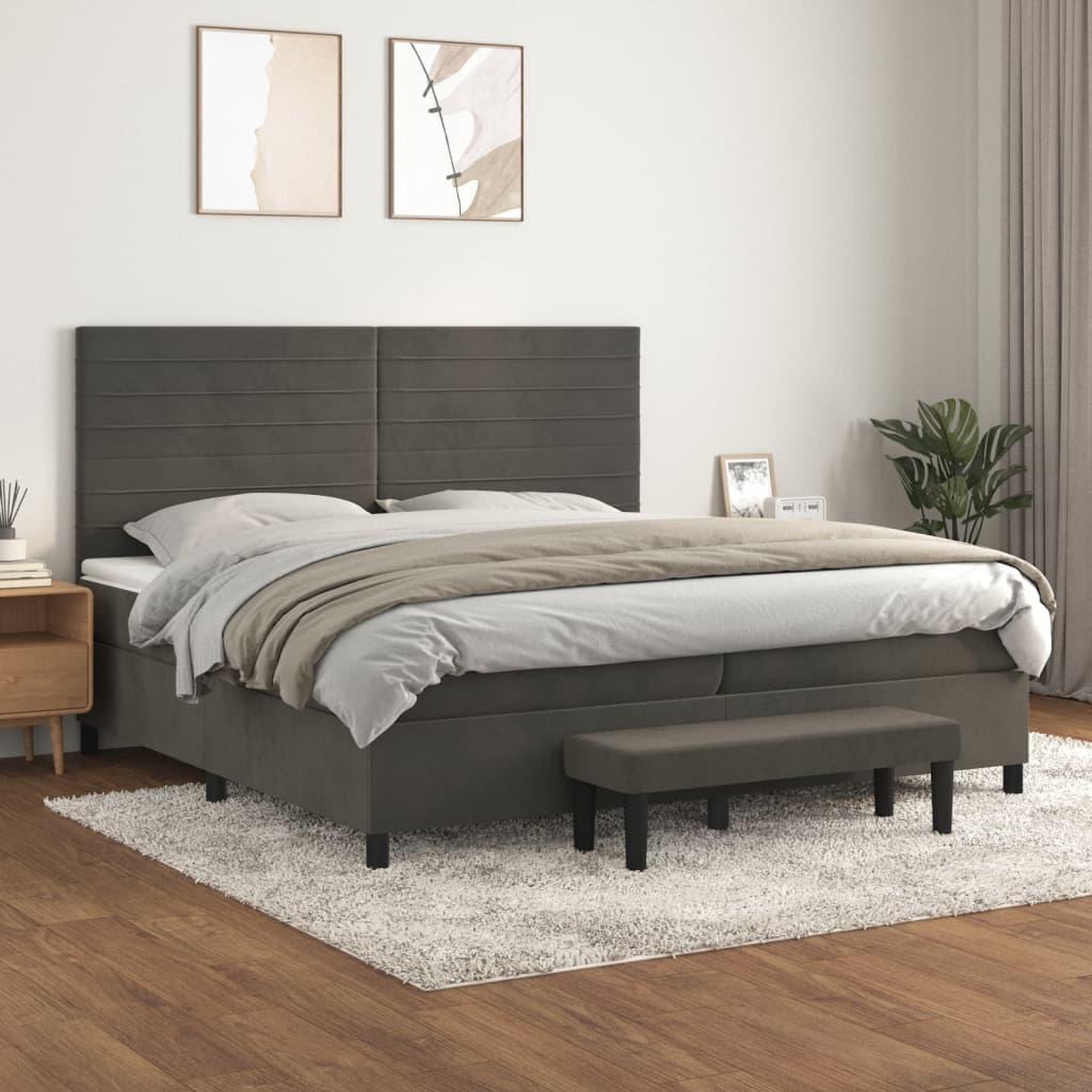 Voir la diapositive 1 : VIDAXL Sommier a lattes de lit et matelas Gris fonce 200x200cm Velours