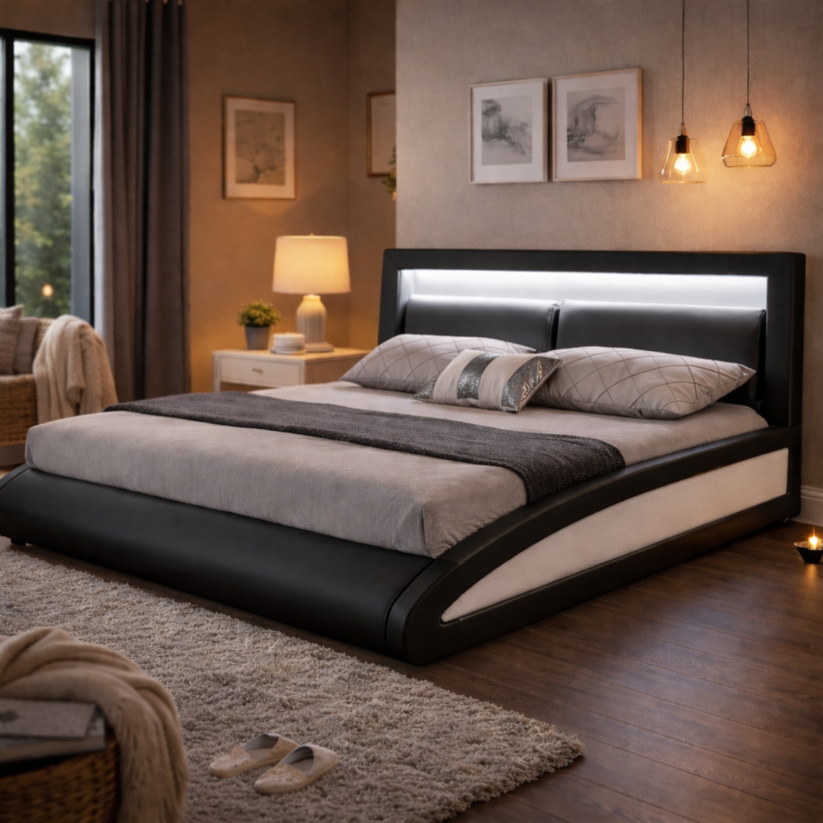 CONCEPT USINE Cadre de lit avec LED 160 x 200 cm en PU noir BRIXTON