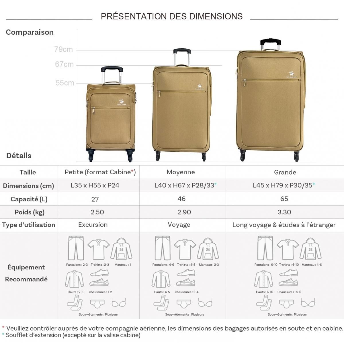 David Jones Lot de 3 valises souples dont 1 cabine