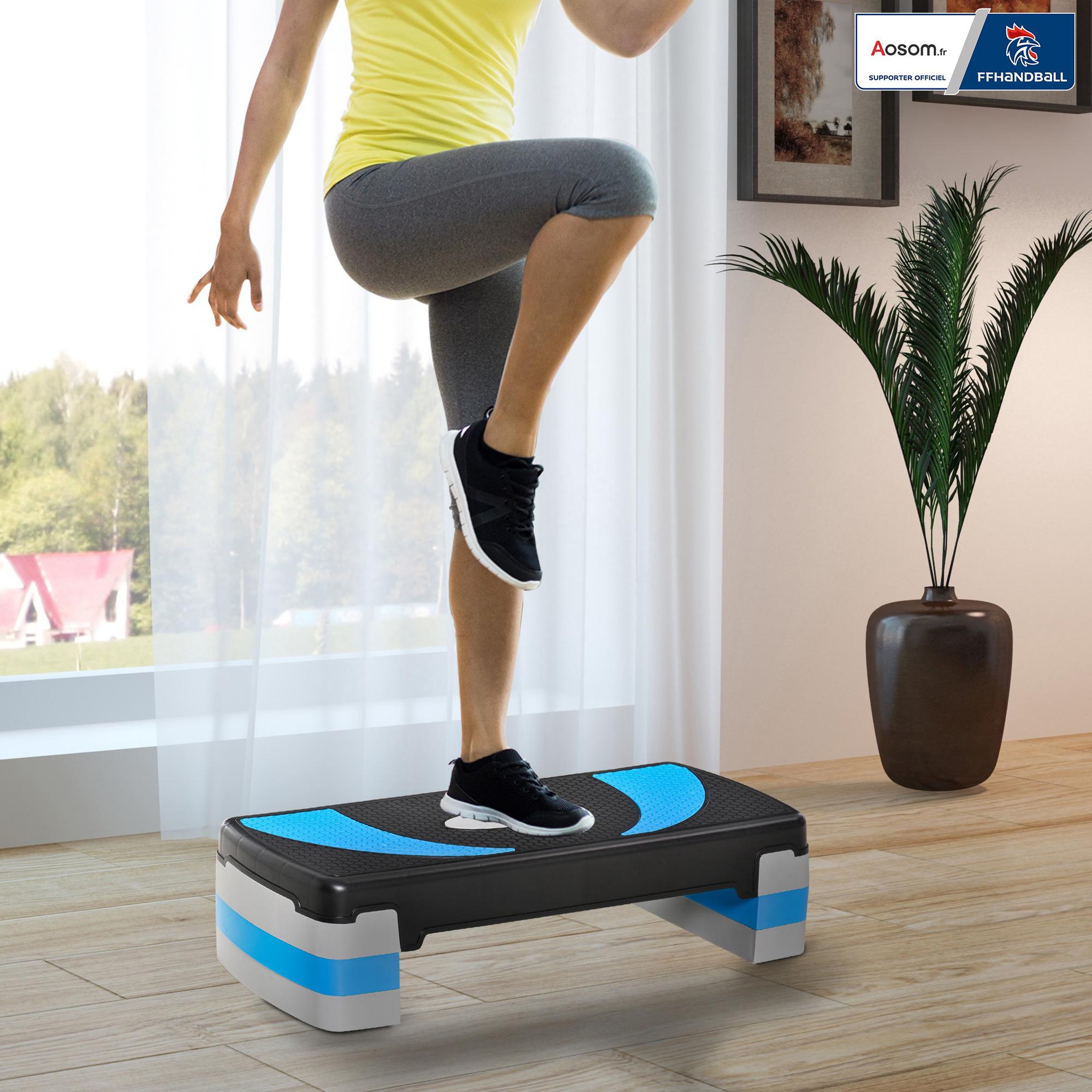 Voir la diapositive 2 : HOMCOM Stepper fitness aerobic - collaboration aosom.fr x ffhandball - hauteur reglable surface antiderapante - noir bleu