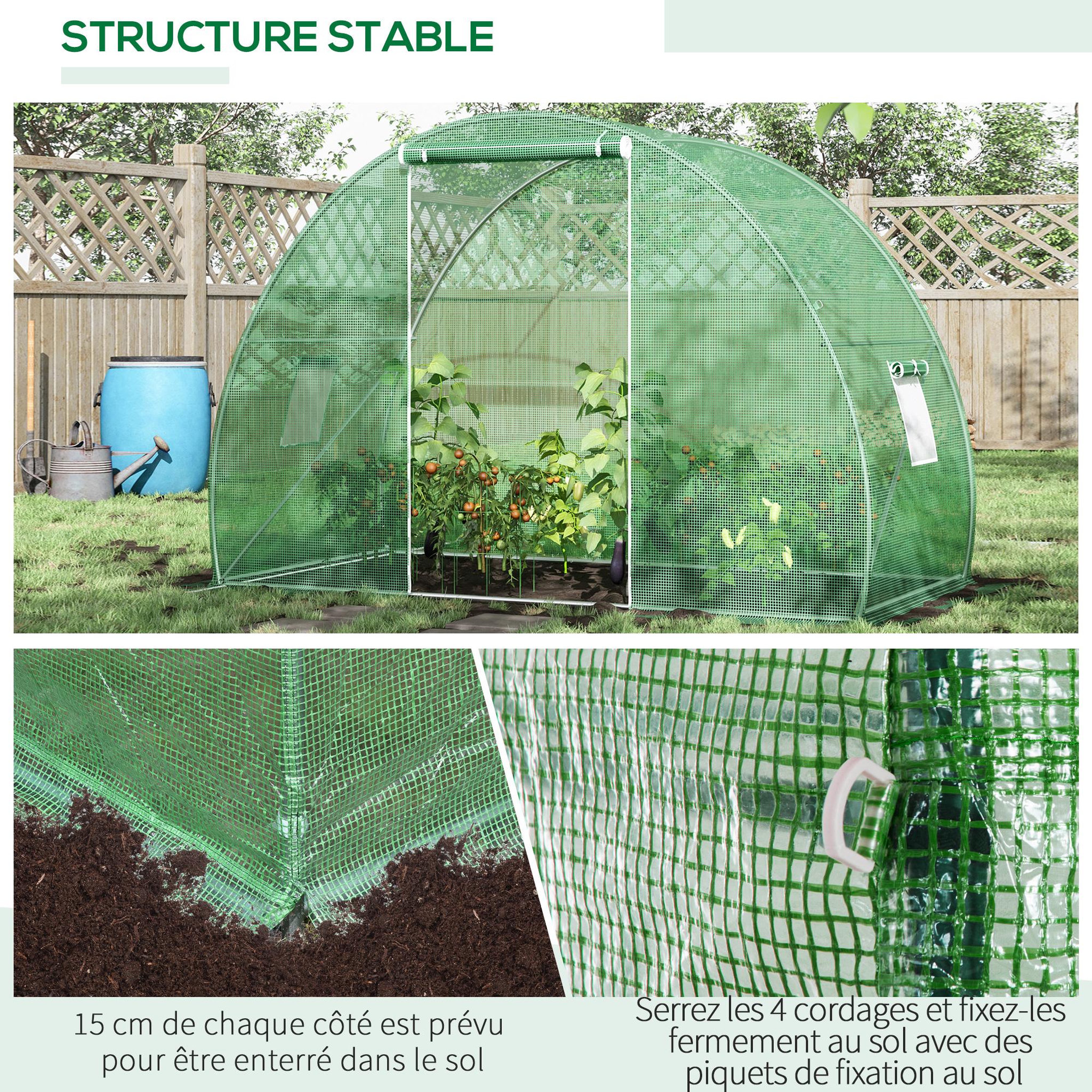 Voir la diapositive 6 : OUTSUNNY Serre de jardin tunnel surface sol 4,5 m² dim. 3l x 1,5l x 2h m châssis tubulaire renforcé porte zippée 2 fenêtres enroulables vert