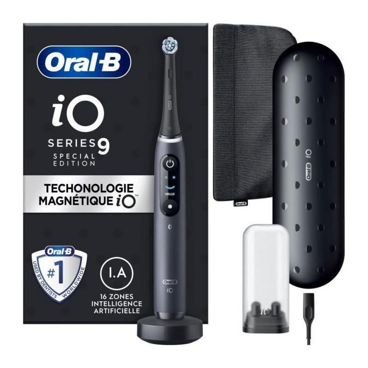 ORAL B Brosse a Dents Électrique Oral-B iO 9 - Noire - connectée Bluetooth, 1 Brossette, 1 Étui De Voyage Chargeur, 1 Pochette Magn