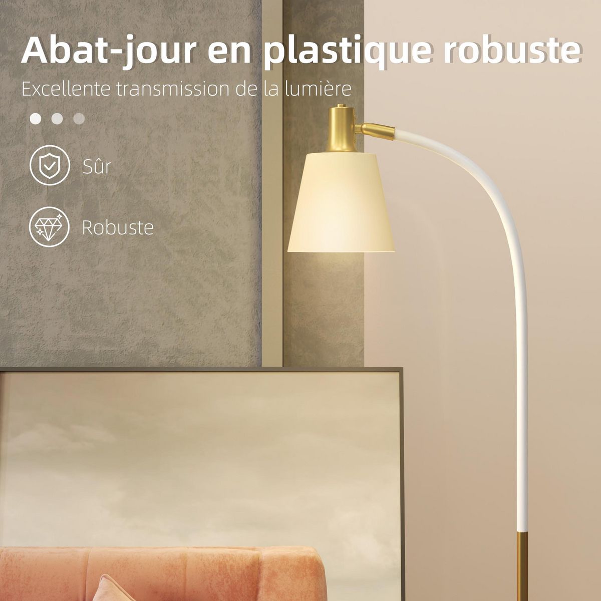 HOMCOM Lampadaire design néo-rétro hauteur réglable H.127-160 cm métal plastique blanc doré