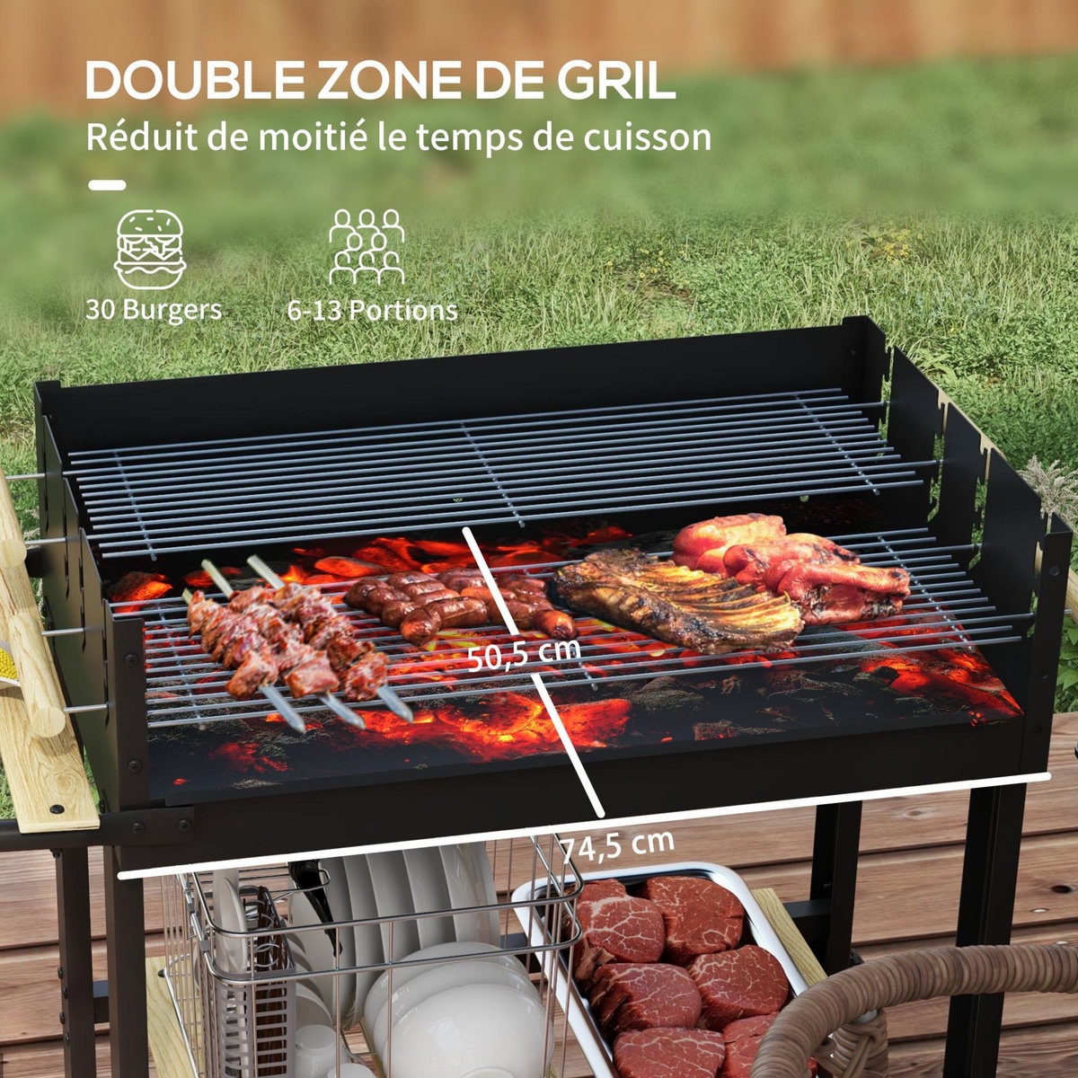 OUTSUNNY Barbecue à charbon sur pied double grille réglable 2 roues 2 étagères noir