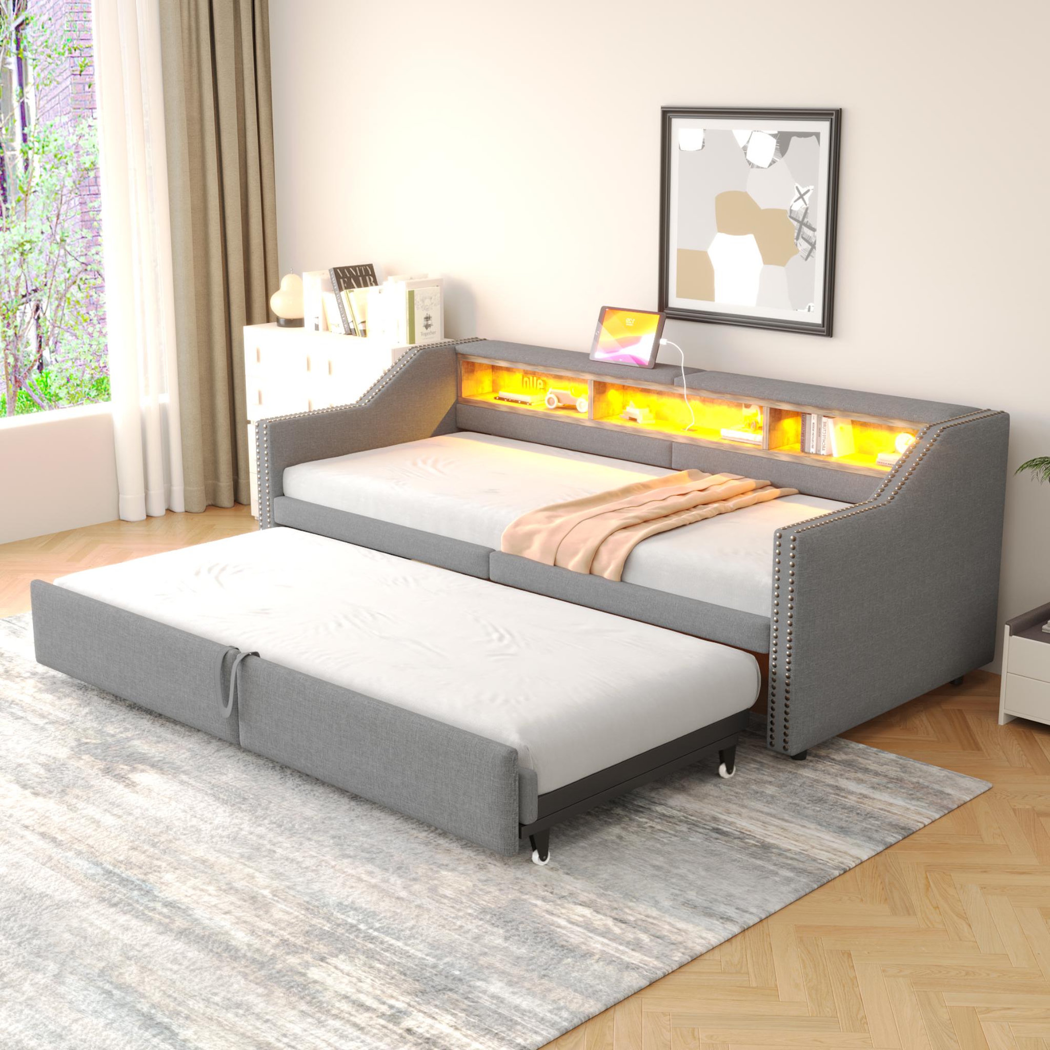 Voir la diapositive 4 : MERAX Lit banquette gigogne rembourré 90x200cm