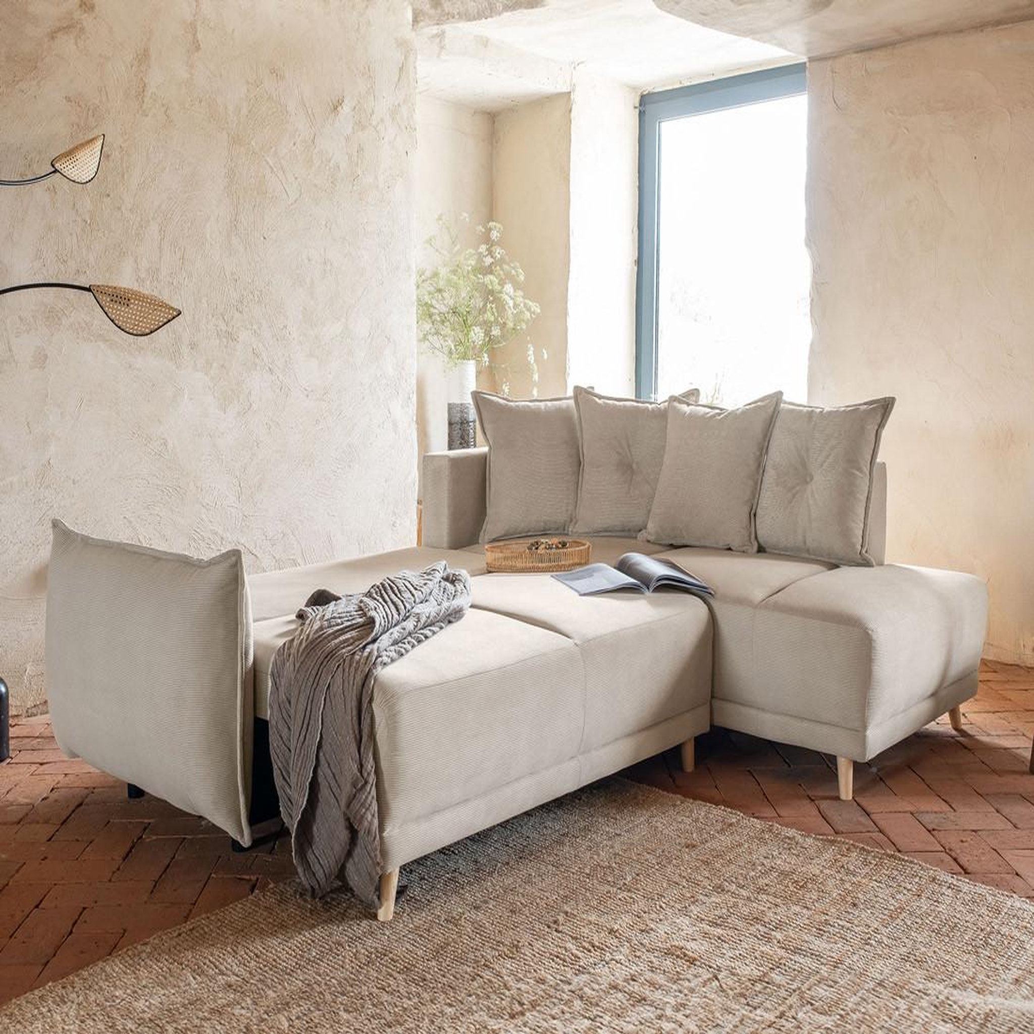 Voir la diapositive 2 : BEST MOBILIER Lena - canapé d'angle droit 5 places - convertible avec coffre - en velours côtelé