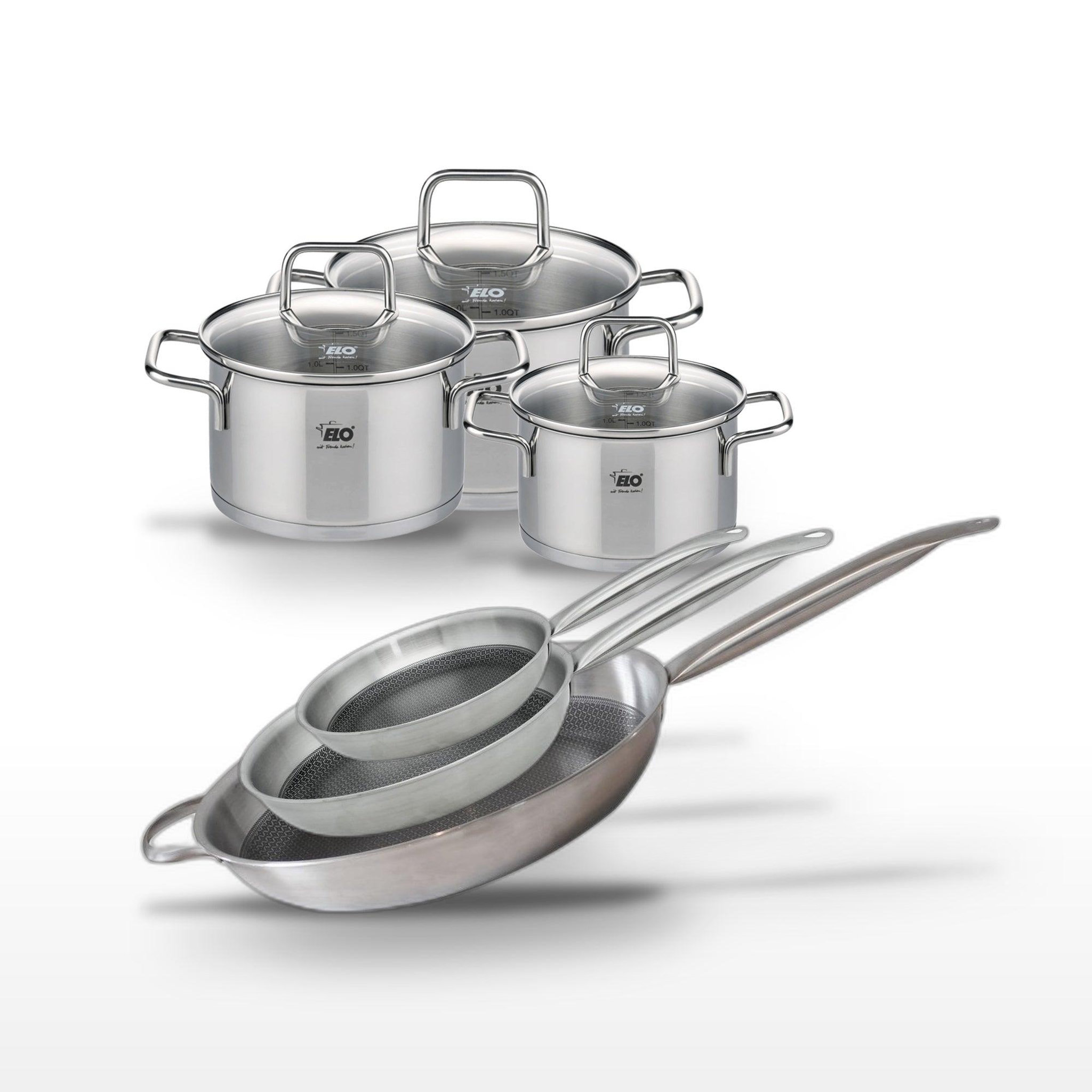 ELO Batterie de cuisine avec 3 poêles 32/28/24 cm et 3 faitouts 16/14/12 cm en acier inoxydable sans pfas elo collection relief solution citrin