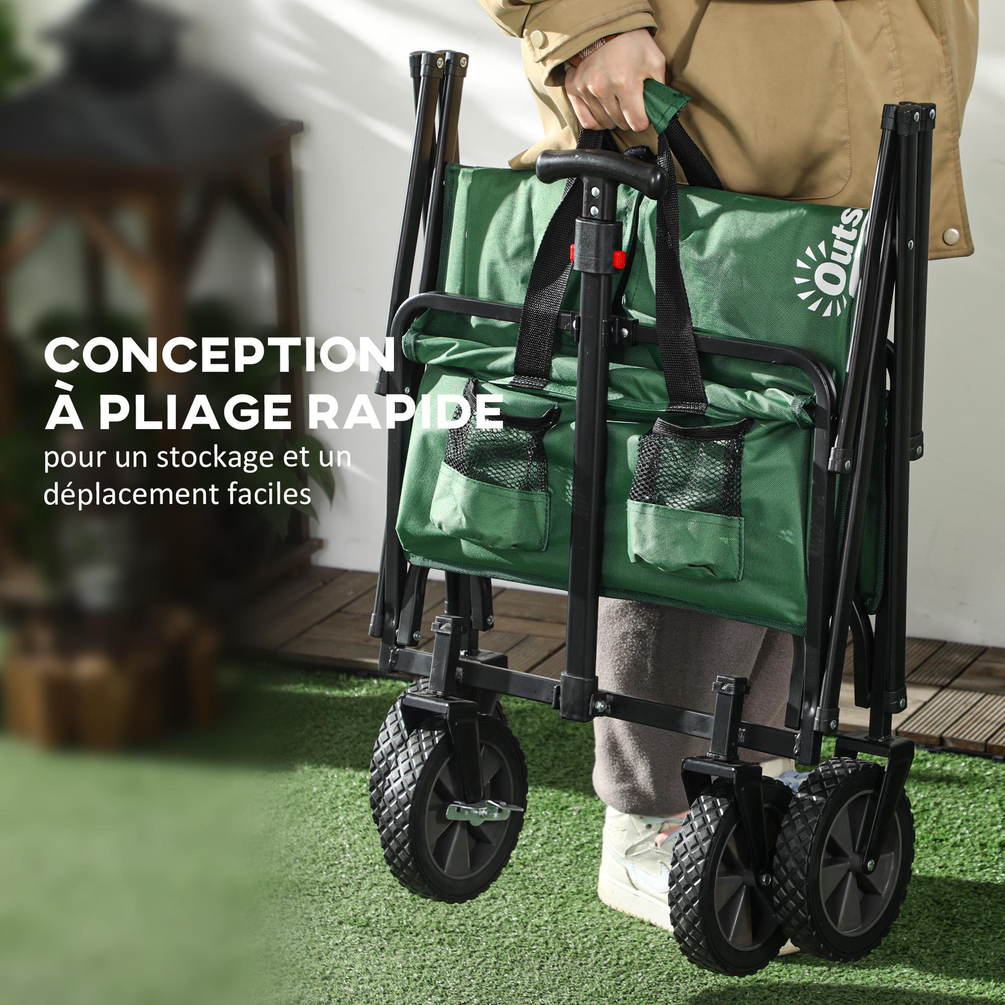 Voir la diapositive 4 : OUTSUNNY Chariot de transport pliable à roulettes - poignée télescopique - max. 40 Kg - métal noir oxford vert