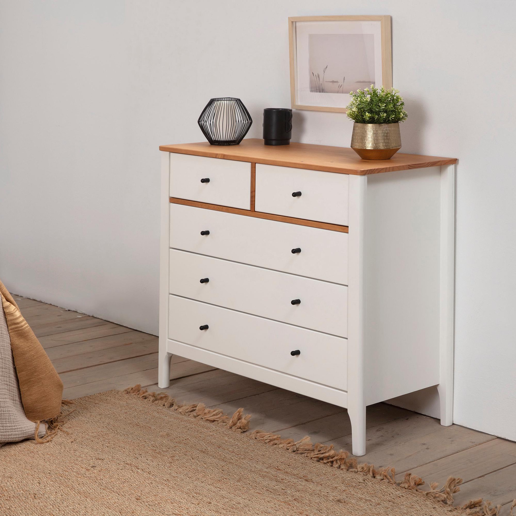 Voir la diapositive 4 : VS VENTA-STOCK Commode 5 tiroirs Luca dans les tiroirs Blanc/Chêne, 79 cm Longueur
