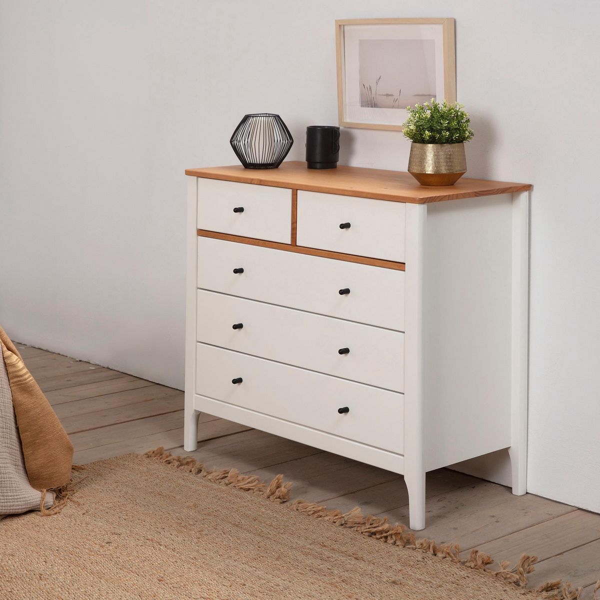 VS VENTA-STOCK Commode 5 tiroirs Luca dans les tiroirs Blanc/Chêne, 79 cm Longueur