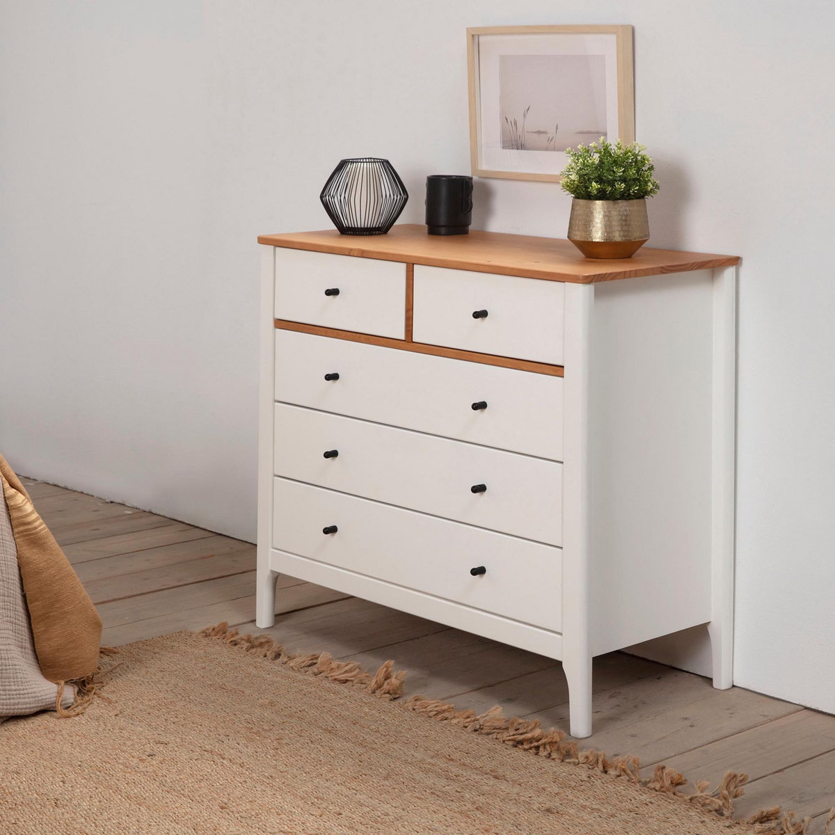 VS VENTA-STOCK Commode 5 tiroirs Luca dans les tiroirs Blanc/Chêne, 79 cm Longueur