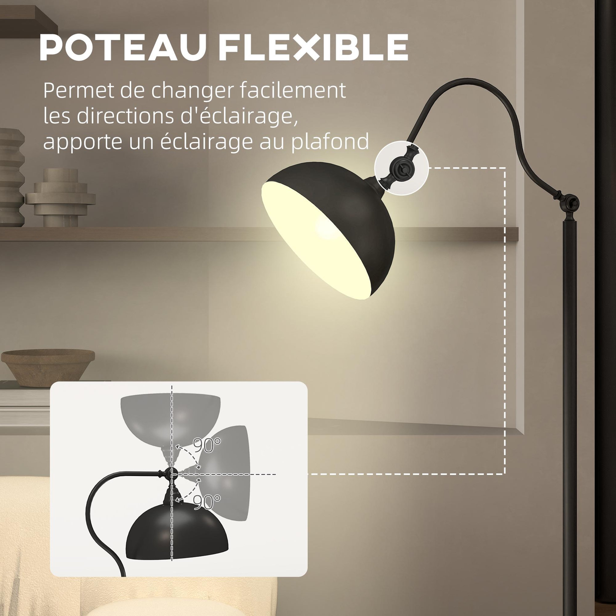 Voir la diapositive 5 : HOMCOM Lampadaire style néo-rétro métal noir - abat-jour réglable - h.152 cm