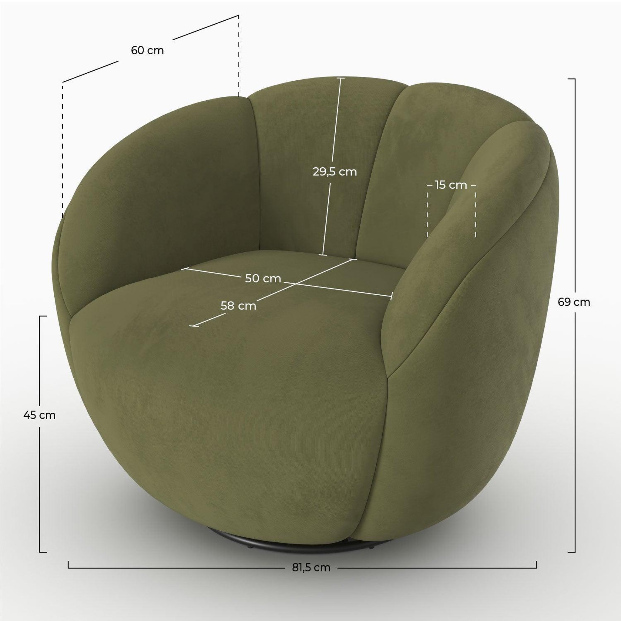 Voir la diapositive 4 : MAISON PAVANE Fauteuil pivotant en velours vert olive foncé-ysé