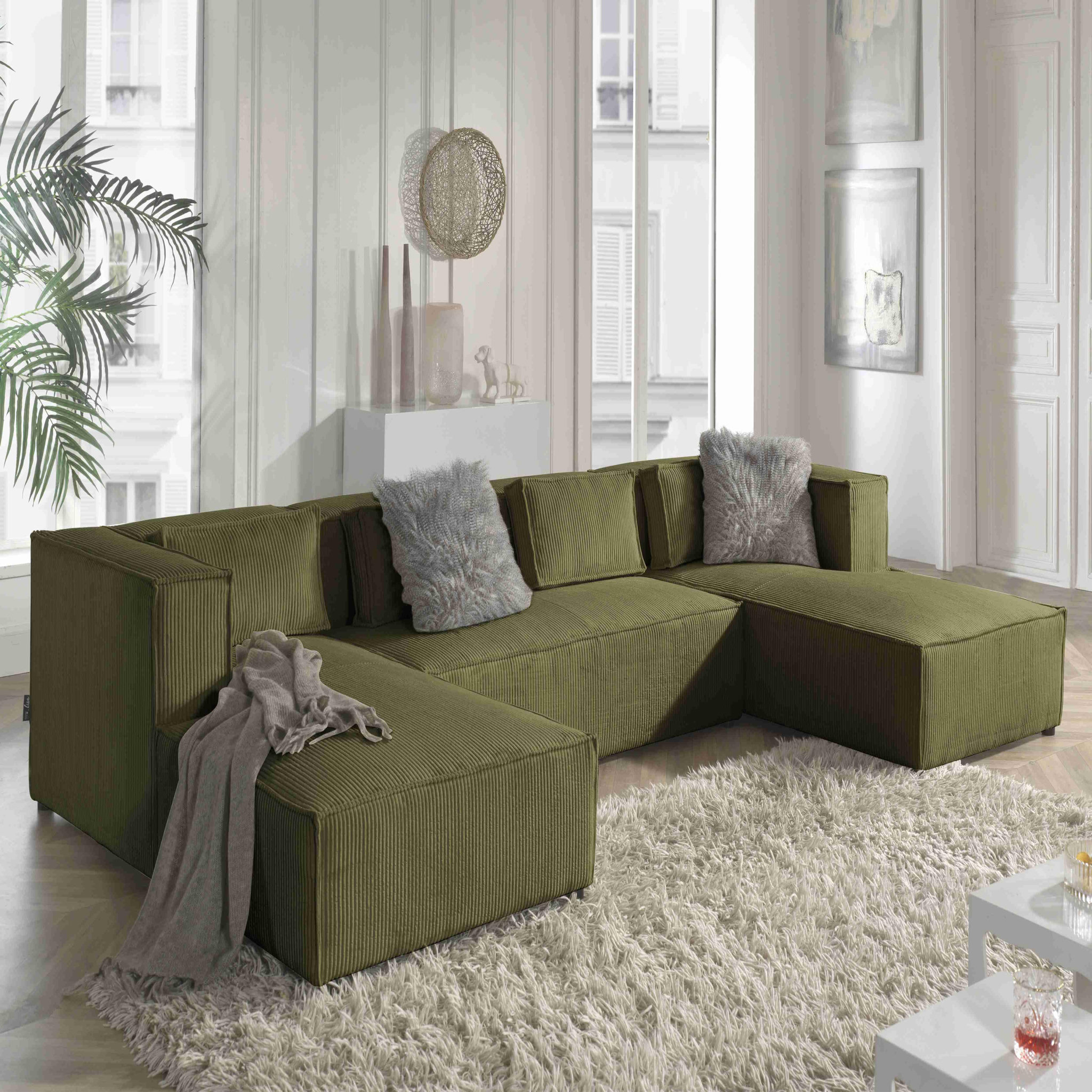 Voir la diapositive 2 : BEST MOBILIER Stella - canapé panoramique en u - 7 places - en velours côtelé