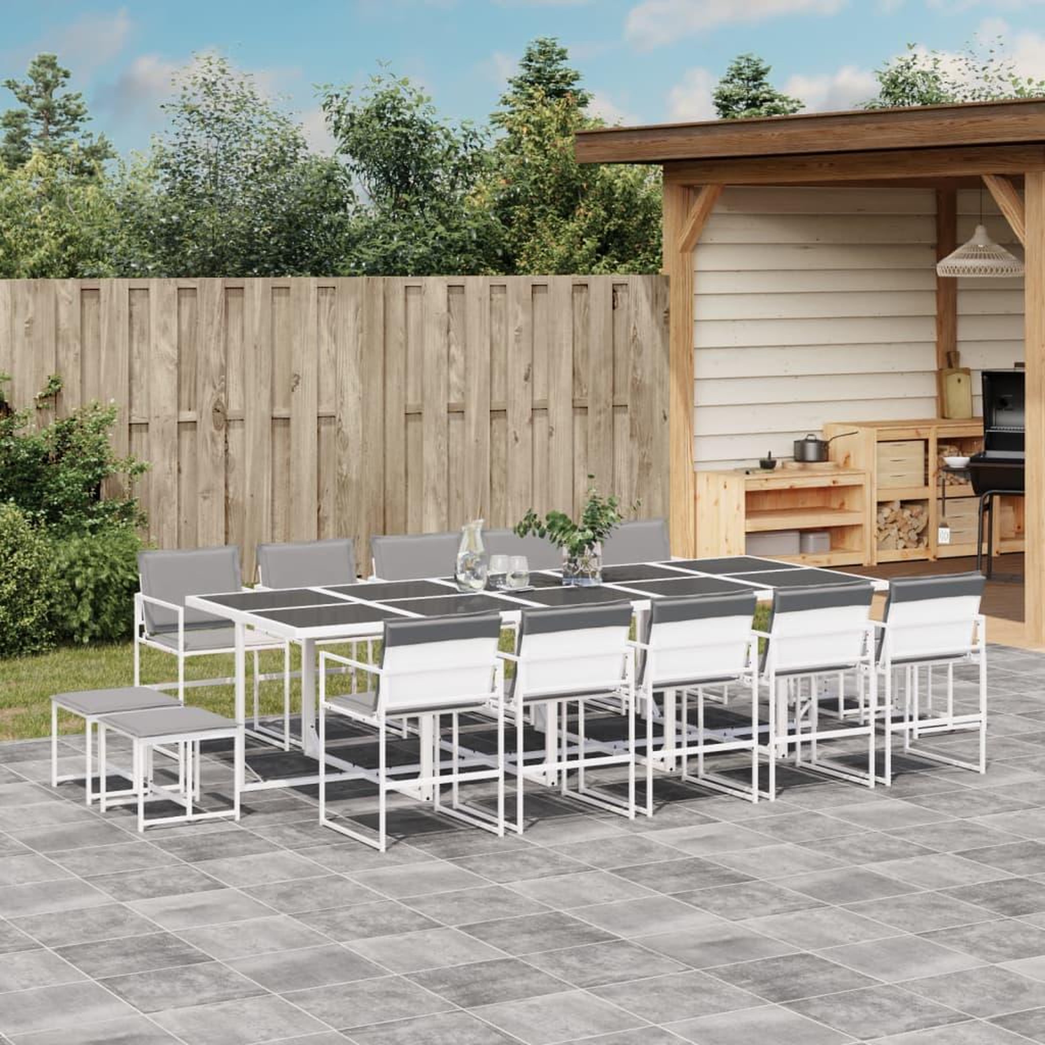 VIDAXL Ensemble a manger de jardin avec coussins 15pcs blanc textilene