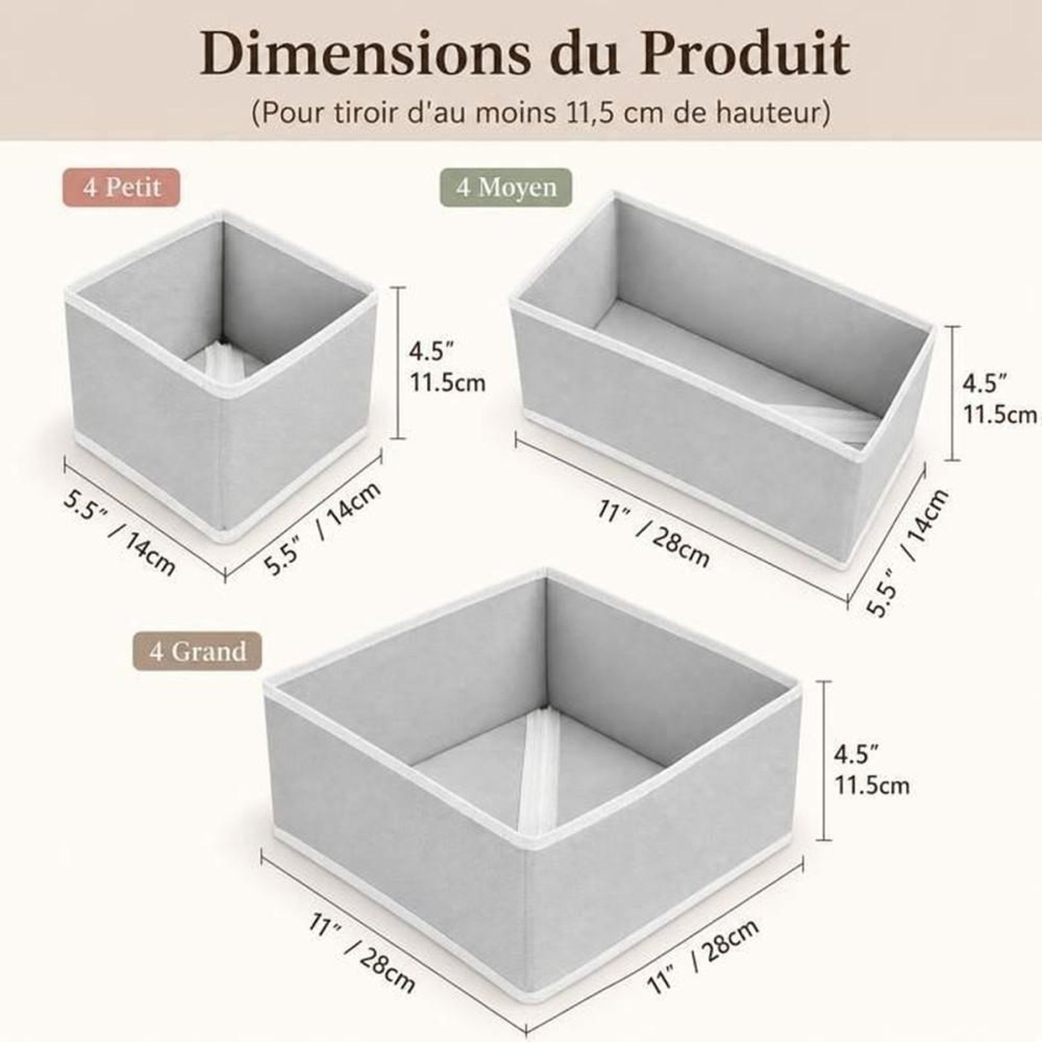 Voir la diapositive 2 : Set de 12 organisateurs de tiroir pliables en tissu, 3 tailles, hauteur 11,5 cm, gris clair