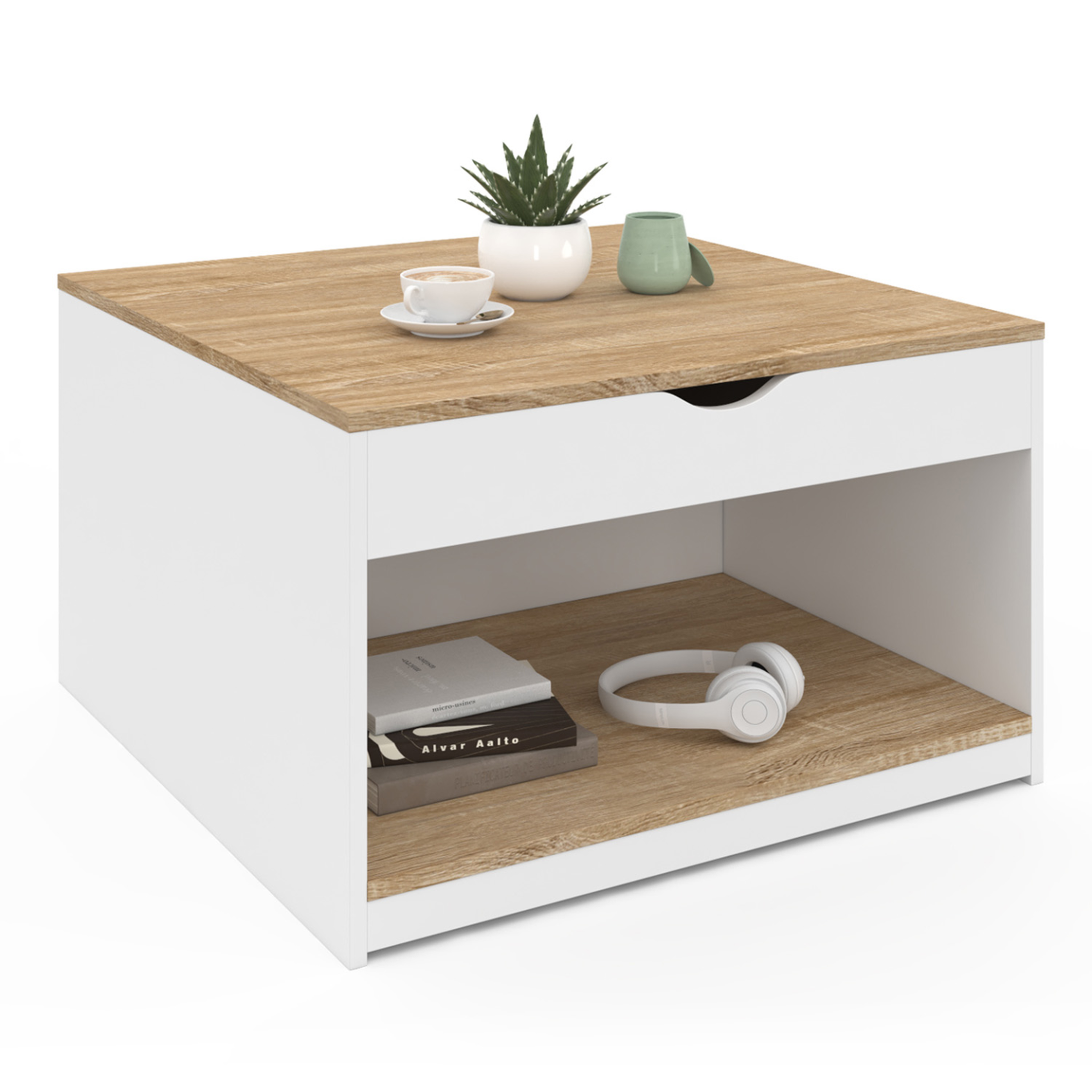 Voir la diapositive 4 : ID MARKET Table basse plateau relevable carrée elea avec coffre bois blanc et façon hêtre