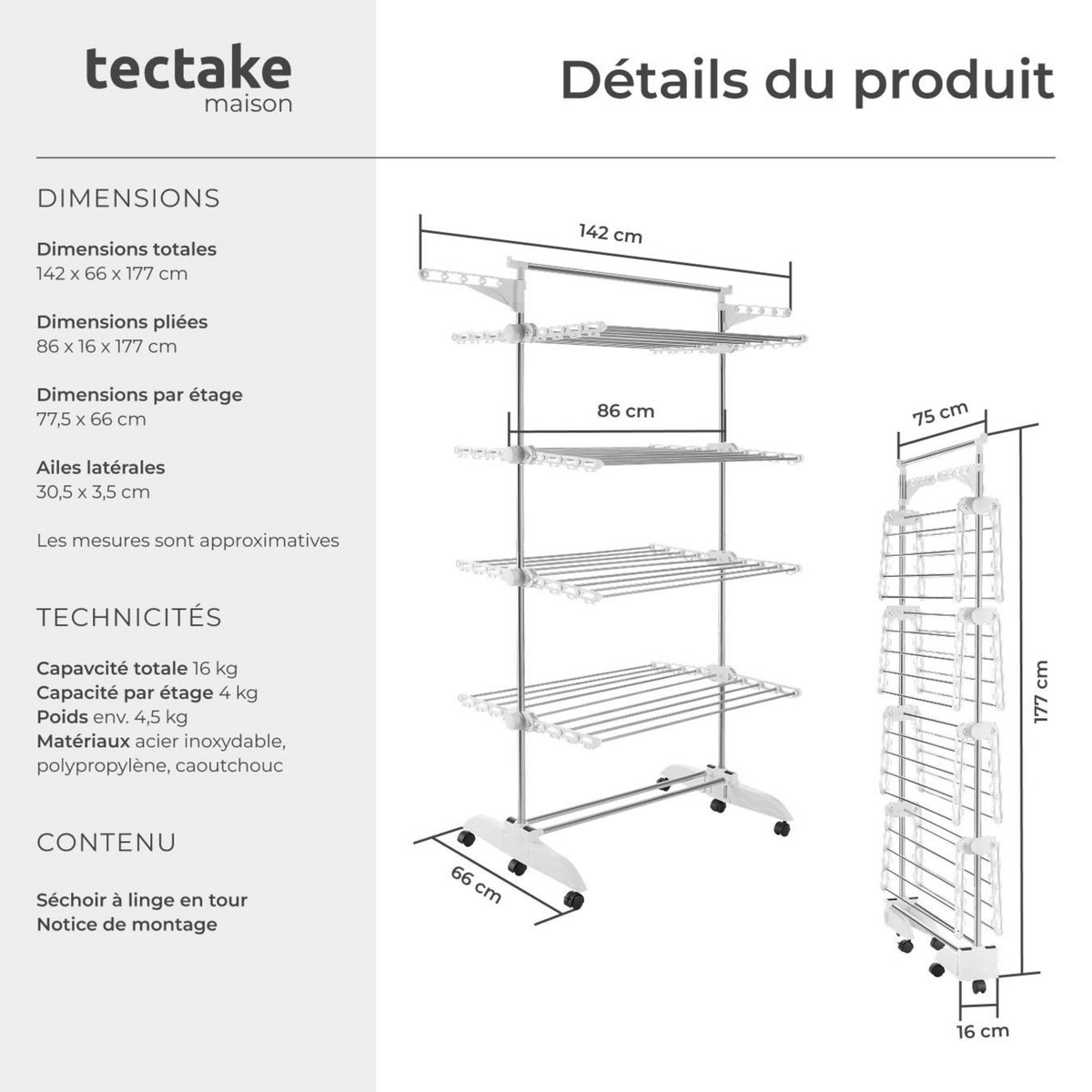 tectake Séchoir tour pliable blanc/gris chrome