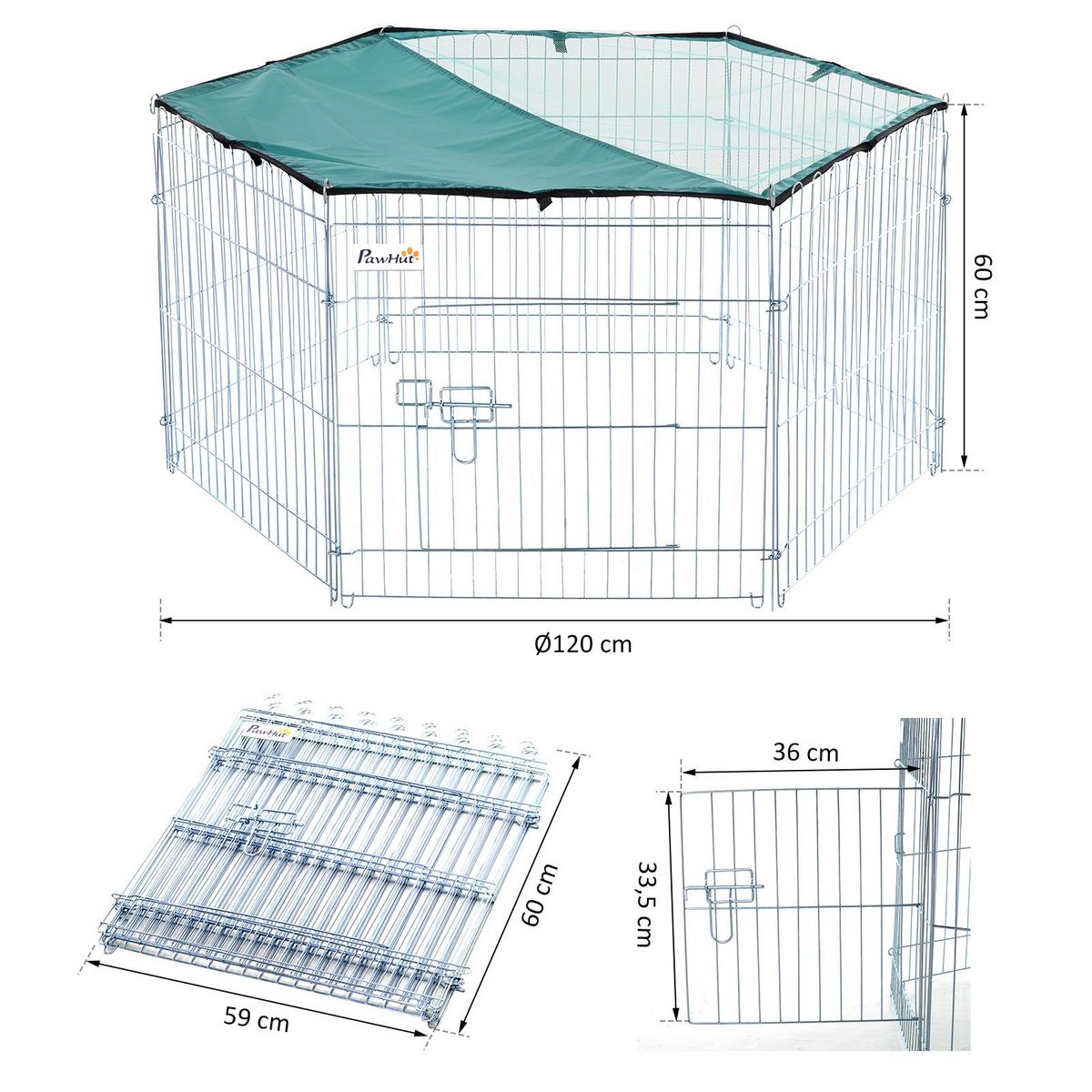 PAWHUT PawHut Parc enclos modulable Acier 6 Panneaux et 1 Porte pour Chiens Ø 120 x 60 cm Gris Métal vert