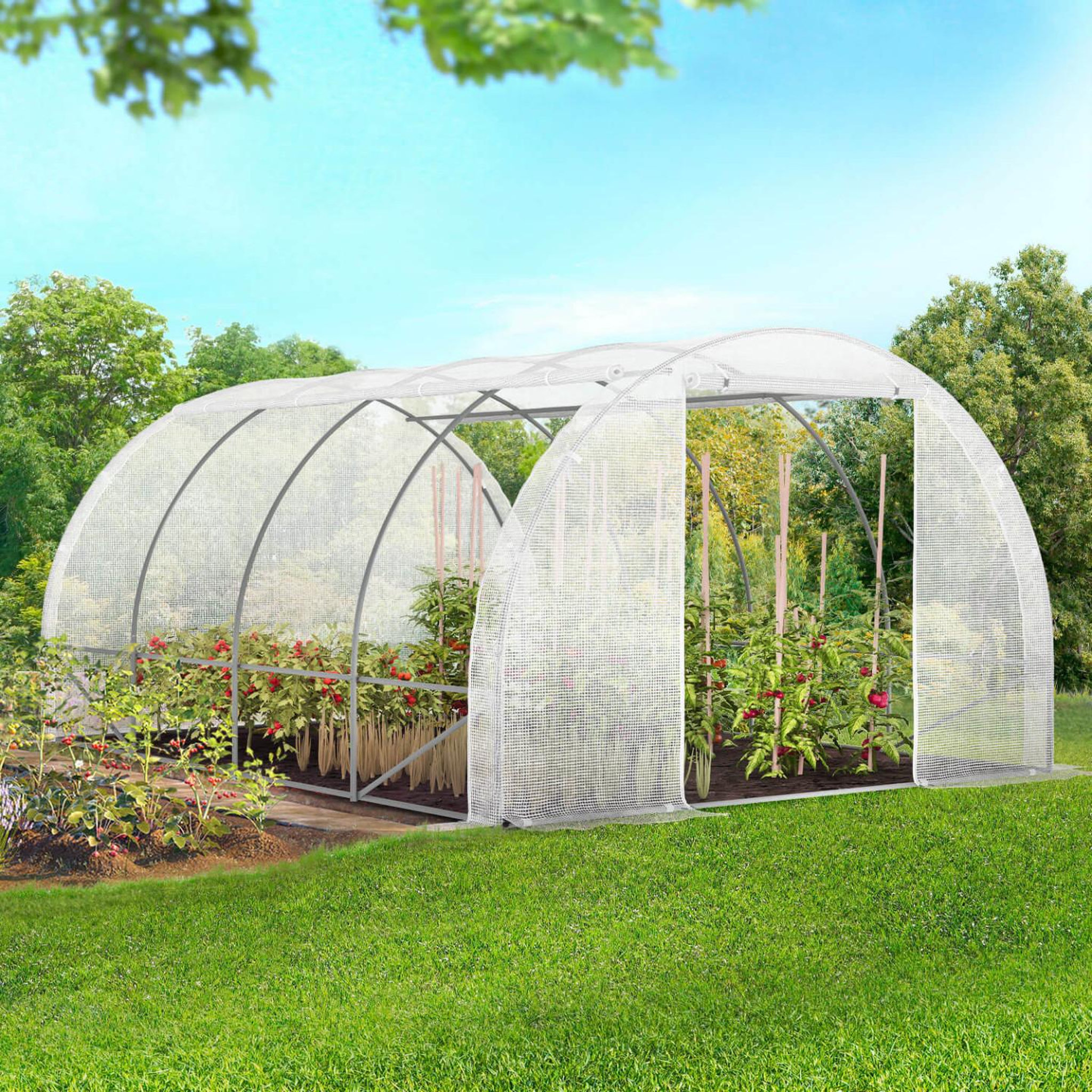 Voir la diapositive 2 : ID MARKET Serre de jardin tunnel 12m² 4 x 3 x 2 m acier galvanisé + bâche anti-uv avec porte et fenêtres zebra blanches toutes saisons