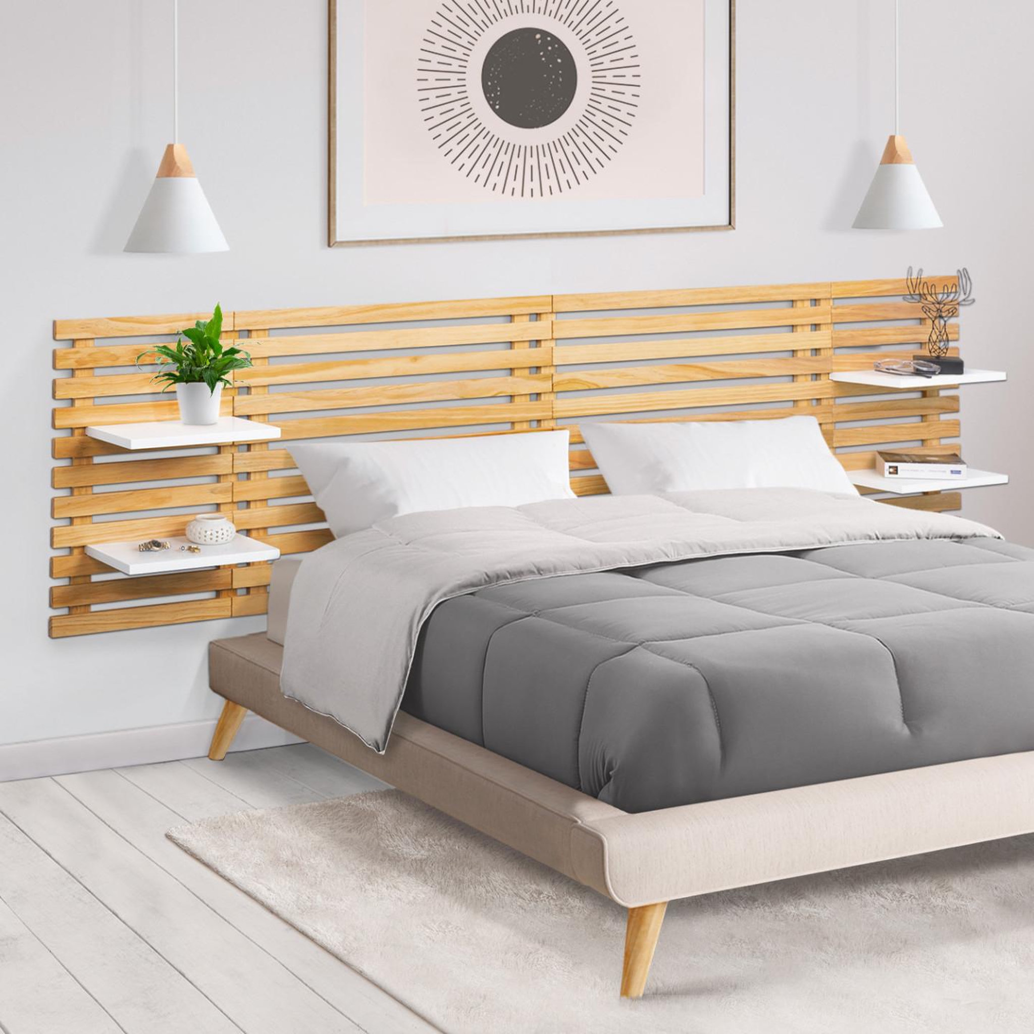 Voir la diapositive 2 : ID MARKET Tête de lit suspendue en lattes AVA 240 cm bois et étagères blanches