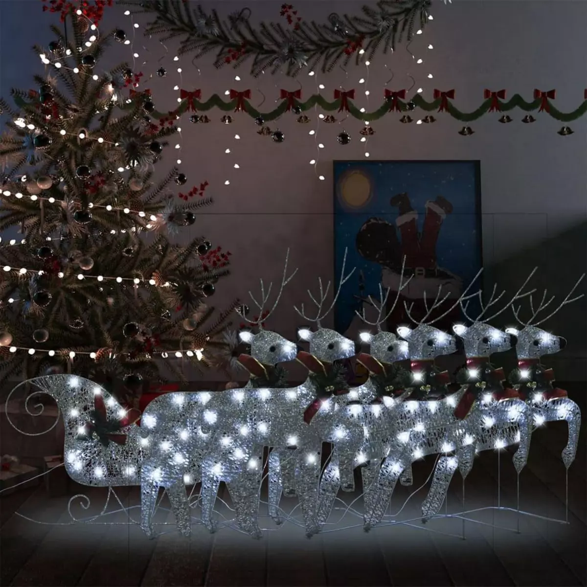 VIDAXL Decoration de Noël Rennes et traîneau 140 LED Exterieur Argente