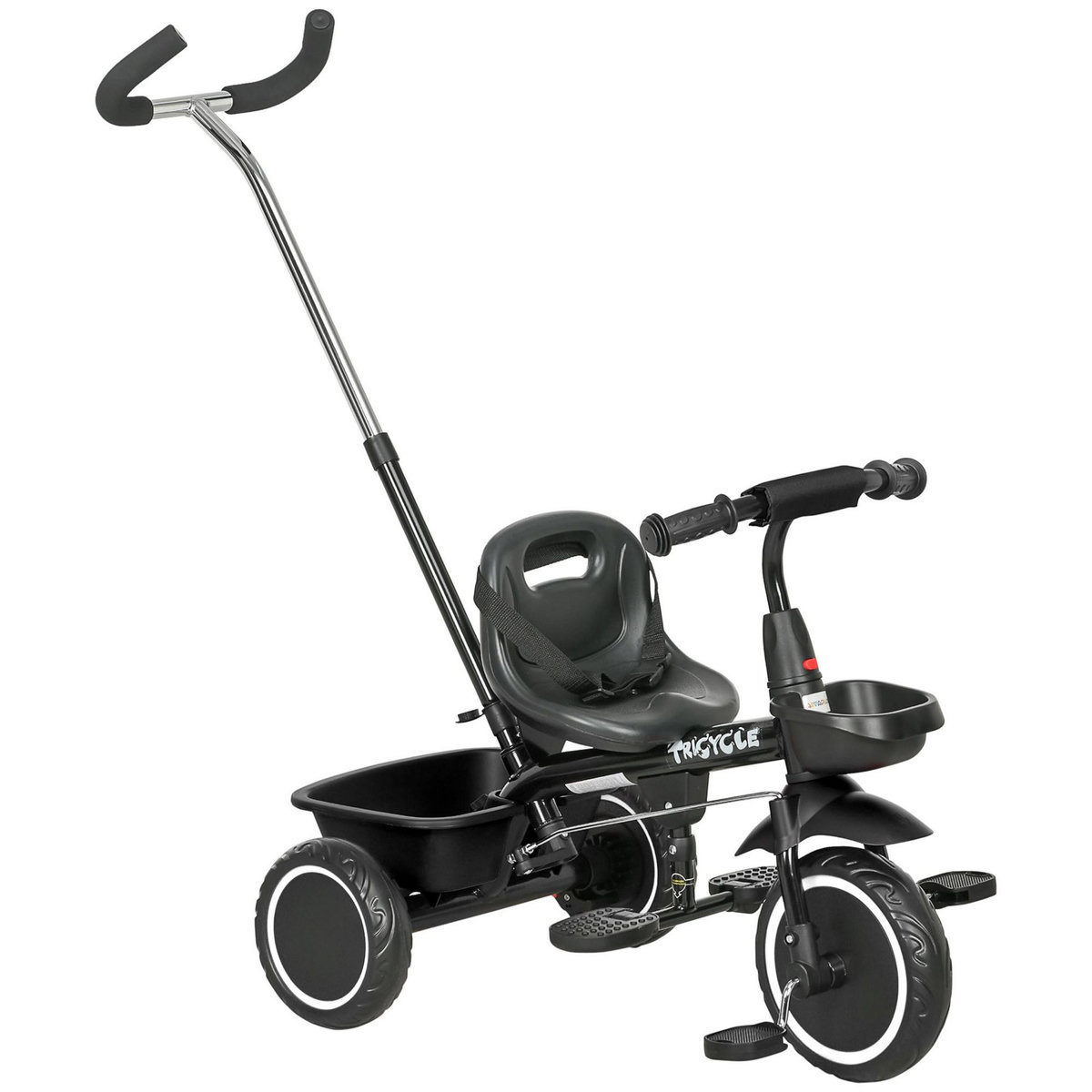 HOMCOM Tricycle 2 en 1 pour enfants avec poignée de poussée réglable, 2 paniers et pédales - pour 18 mois - 5 ans - noir