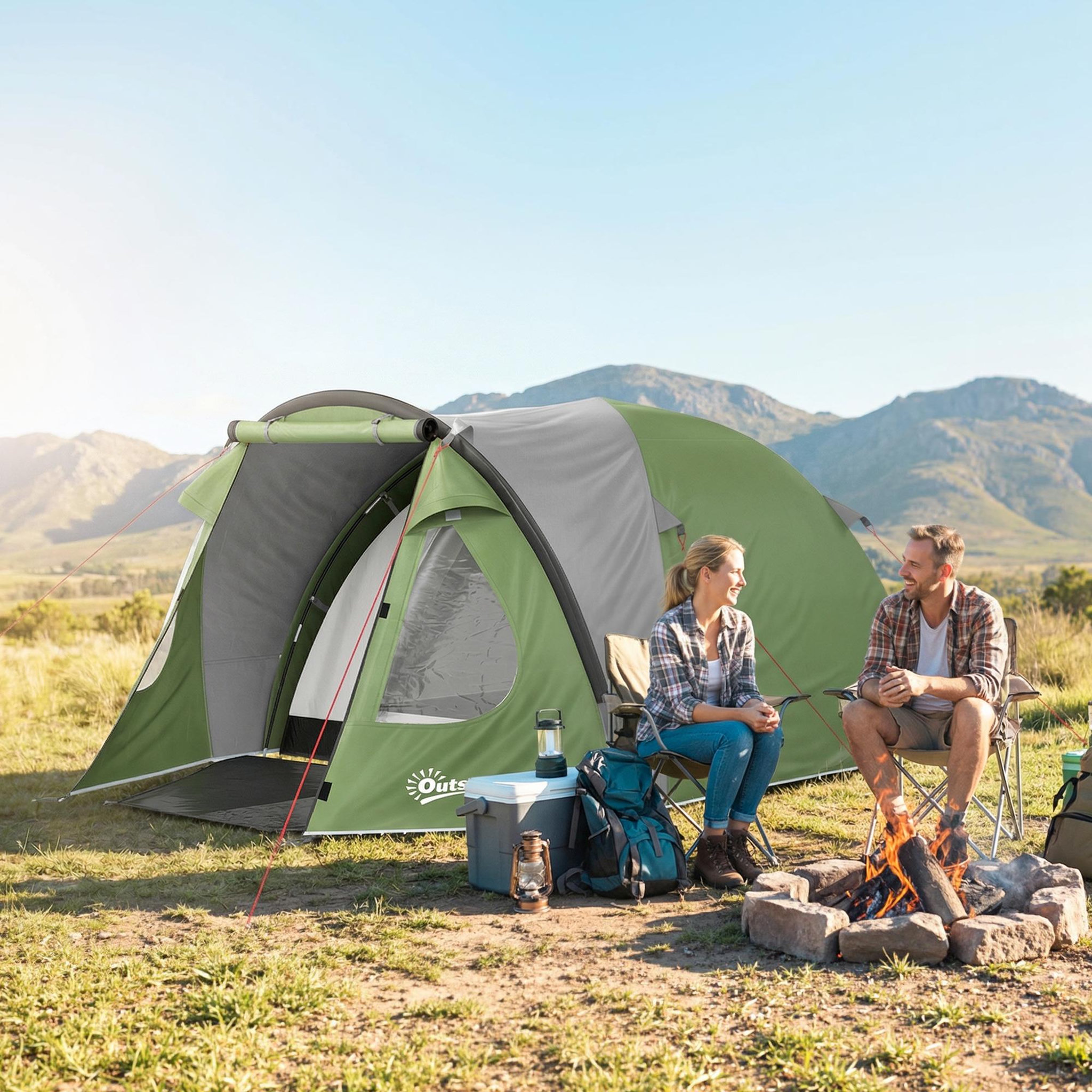 Voir la diapositive 2 : OUTSUNNY Tente de camping 2-4 personnes - tente dôme familiale imperméable - sac de transport inclus vert