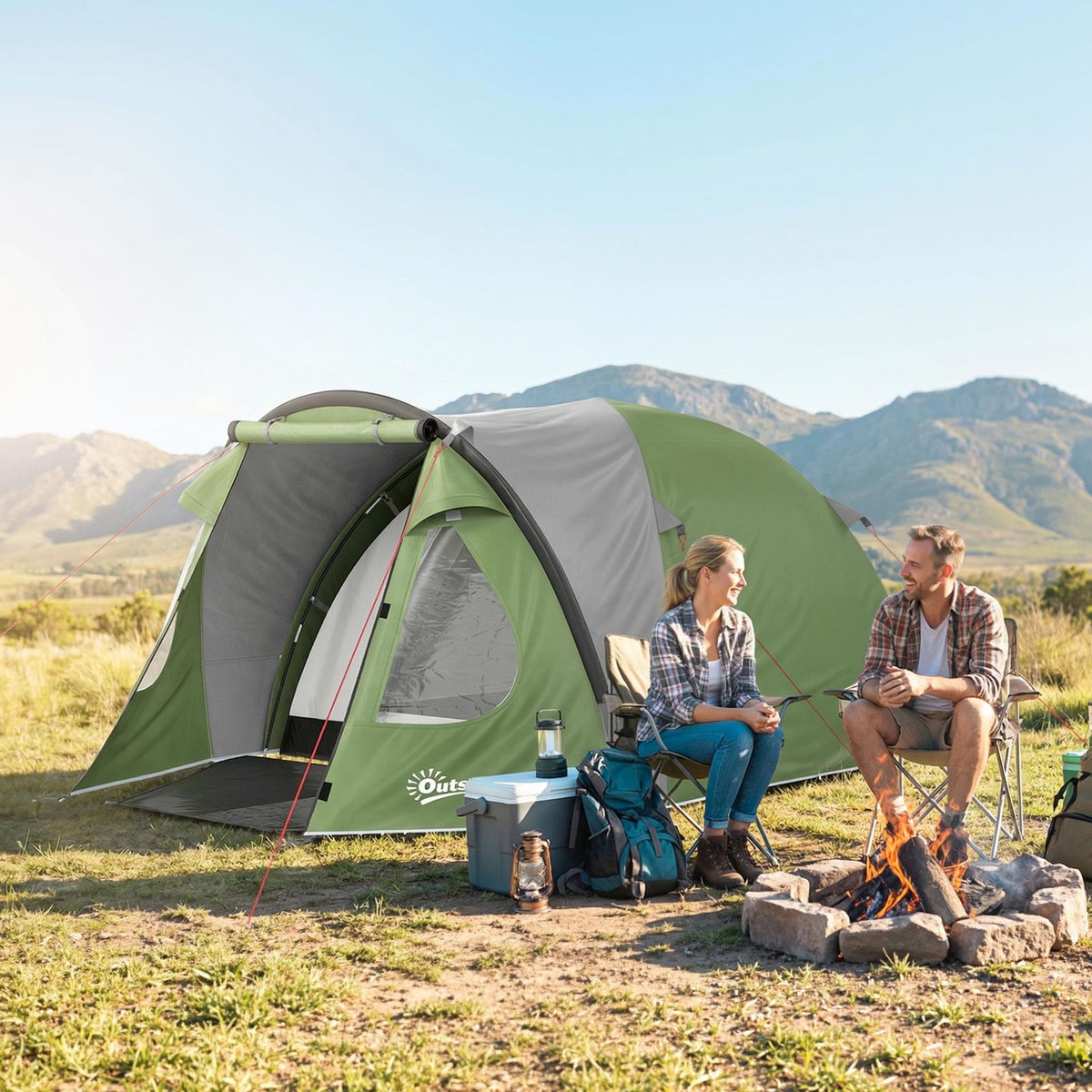 OUTSUNNY Tente de camping 2-4 personnes - tente dôme familiale imperméable - sac de transport inclus vert