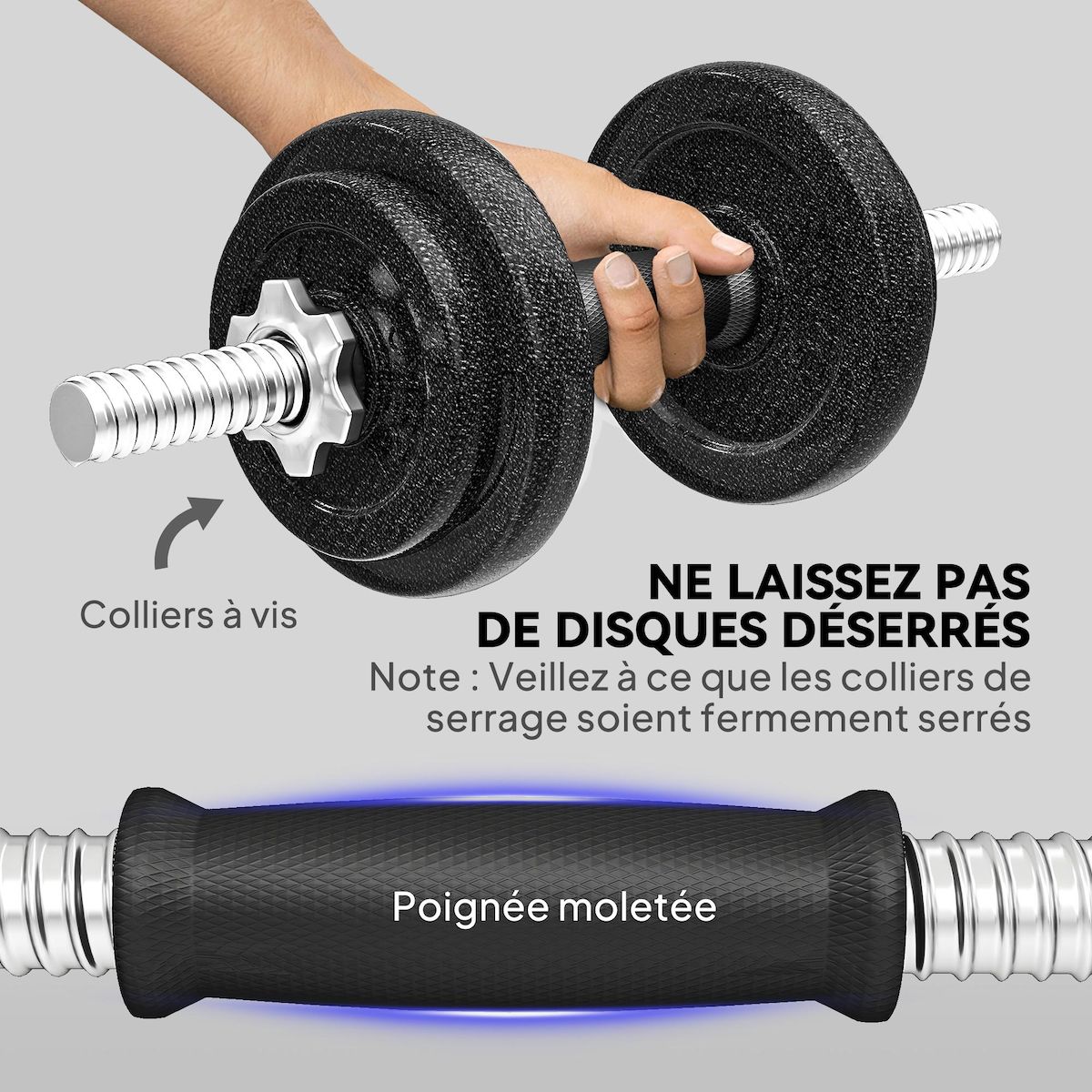 HOMCOM Ensemble d'haltères barre de musculation 2 en 1 - total 20 Kg - acier gris