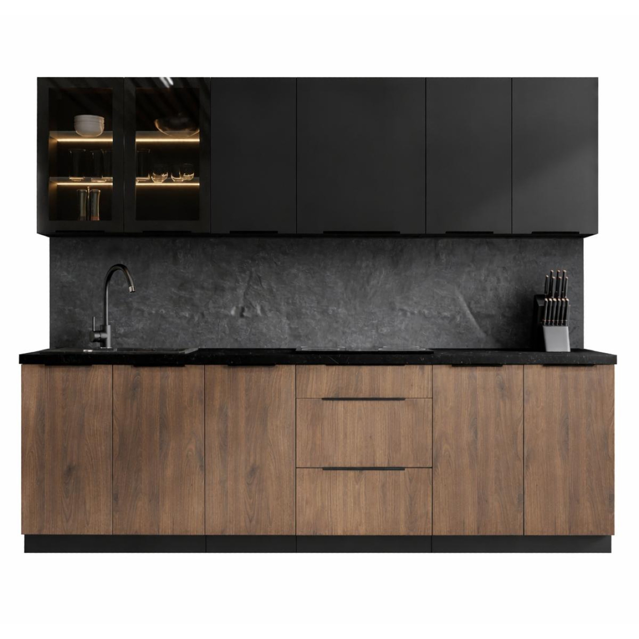 JLC KREATION Cuisine complète moderne bois et noir 260cm MAO