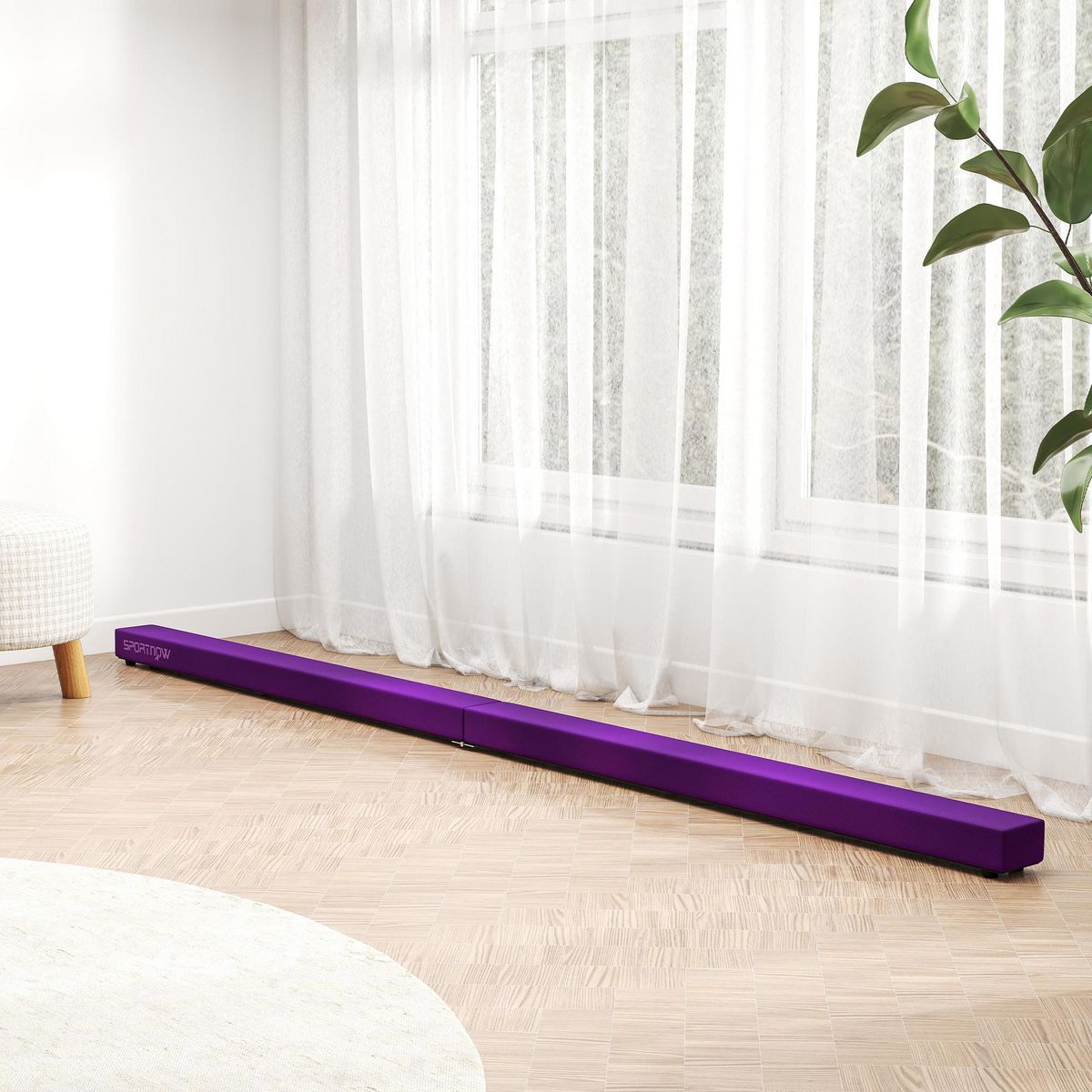 HOMCOM Poutre gymnastique pliable 240 cm - poutre d'équilibre antidérapante - bois de pin revêtement flanelle violet