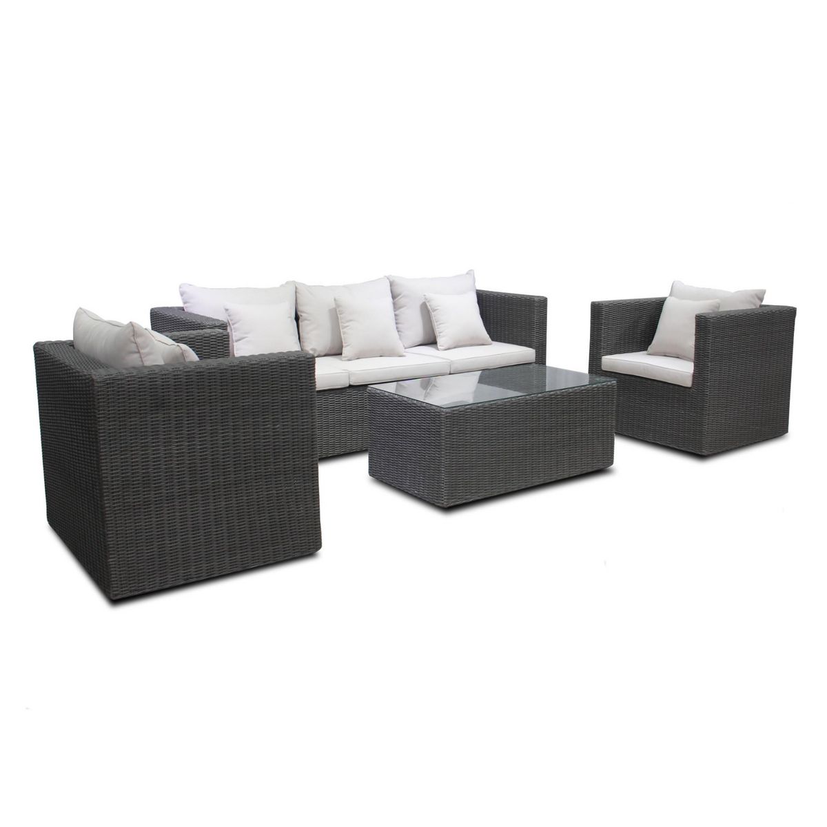 BEST MOBILIER Palavas - salon bas de jardin 5 places + table - en résine tressée - gris avec coussins beiges
