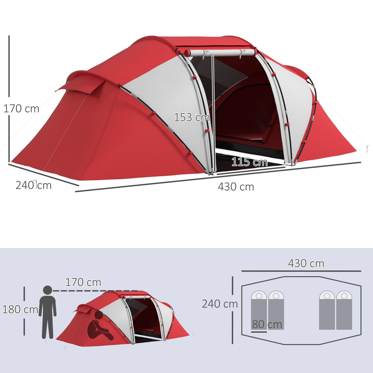 OUTSUNNY Tente de camping familiale 4-6 personnes 2 cabines fenêtre grande porte 4,3L x 2,4l x 1,7H m rouge gris
