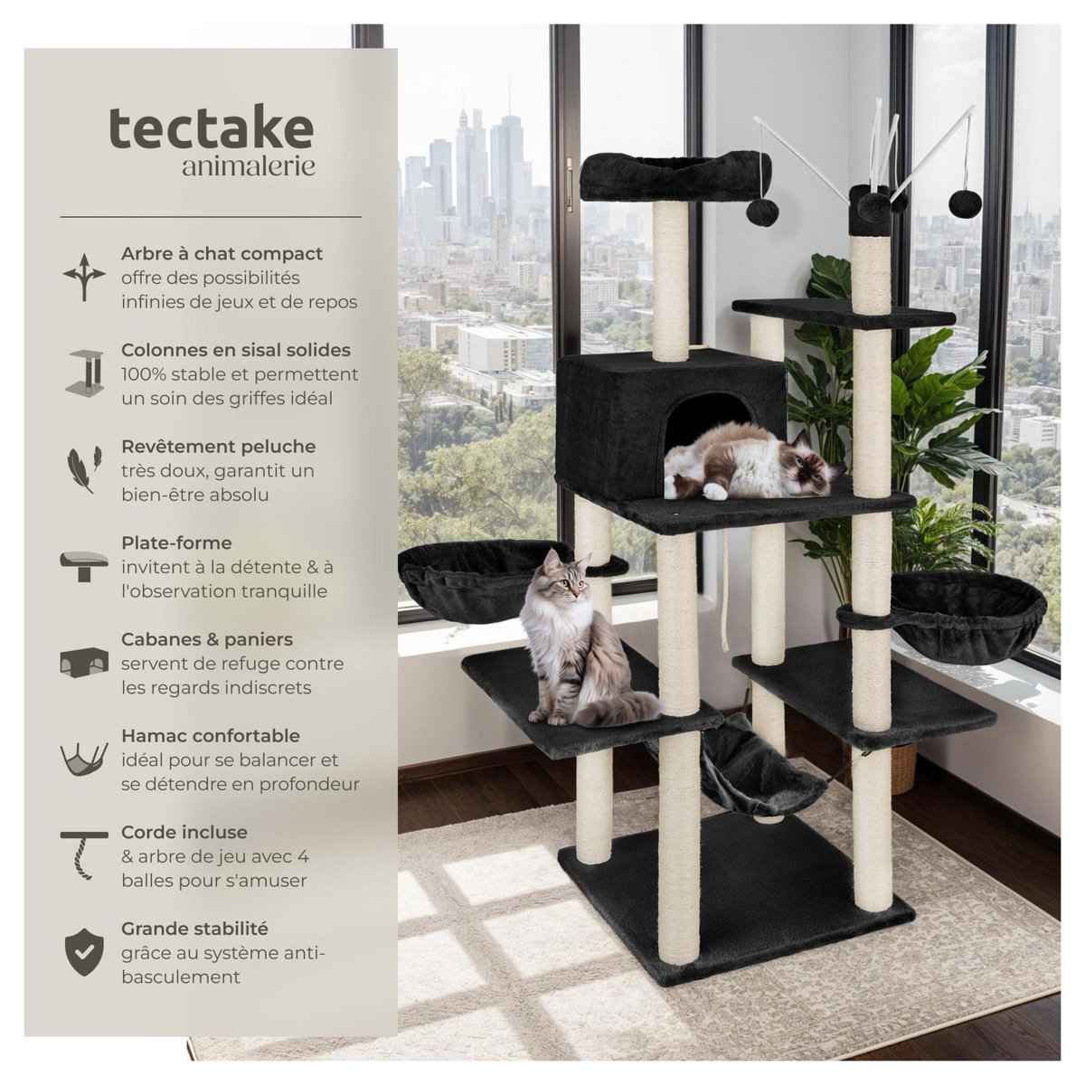 tectake Arbre à chat 165 cm avec griffoir et plateforme d'escalade noir