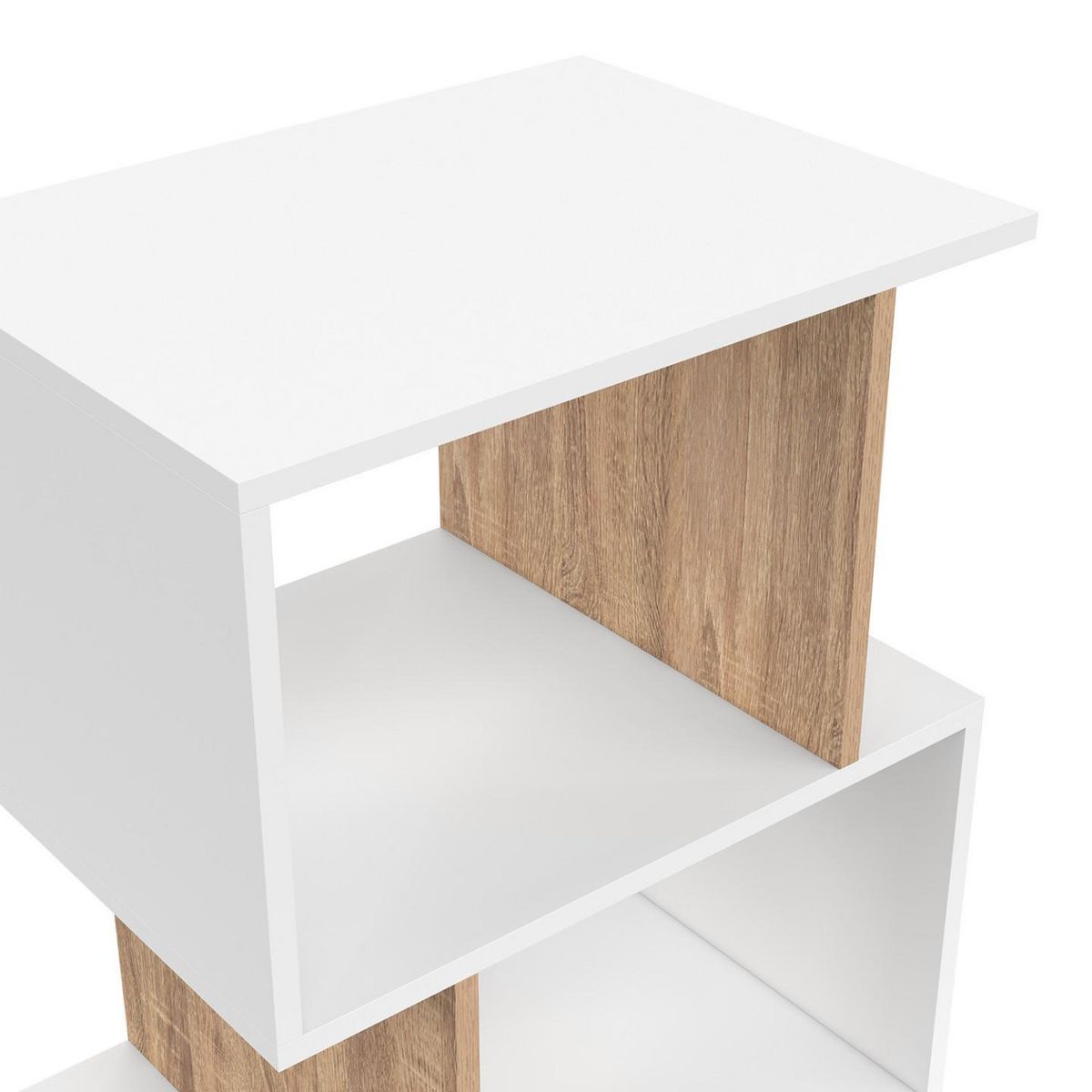 ID MARKET Lot de 2 tables de chevet SOFIA forme S avec rangements ouverts blanc et effet hêtre