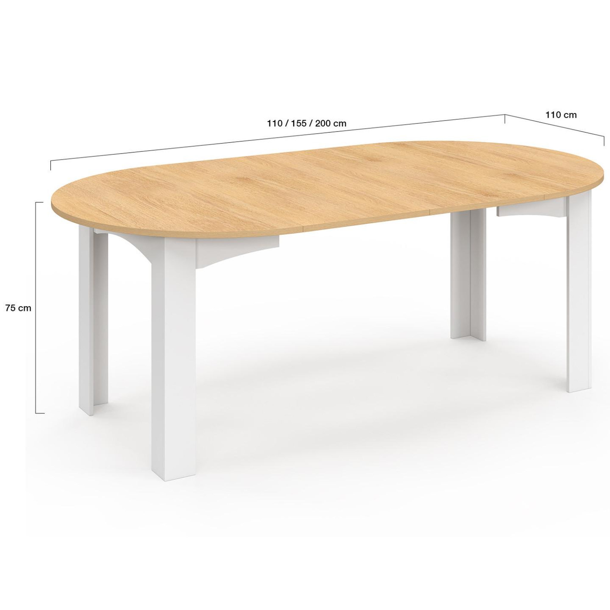Voir la diapositive 5 : ID MARKET Table à manger extensible ronde dona 4-10 personnes blanche plateau façon hêtre 110-200 cm