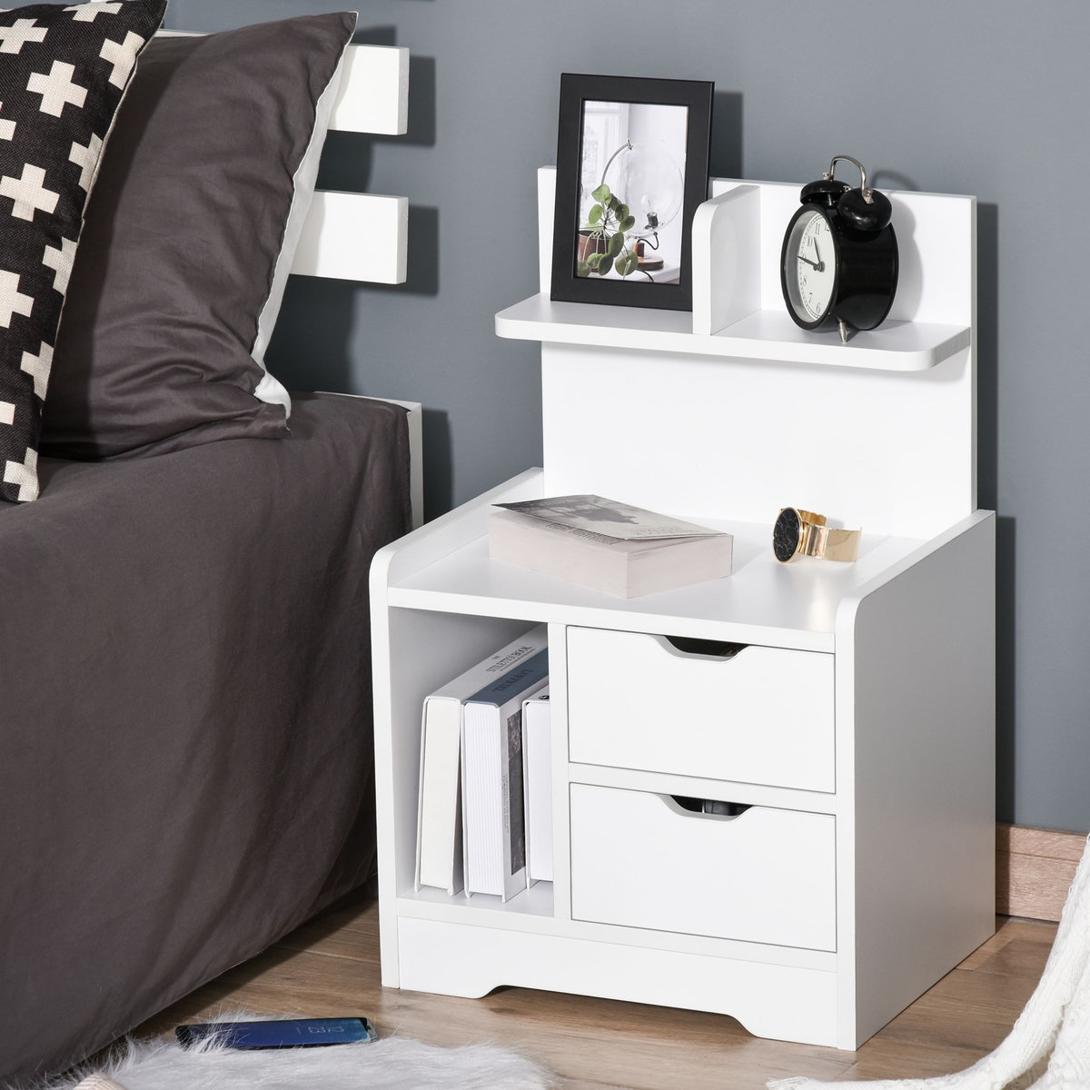 HOMCOM Chevet table de nuit multi-rangement 2 tiroirs niche étagère plateau panneaux particules blanc