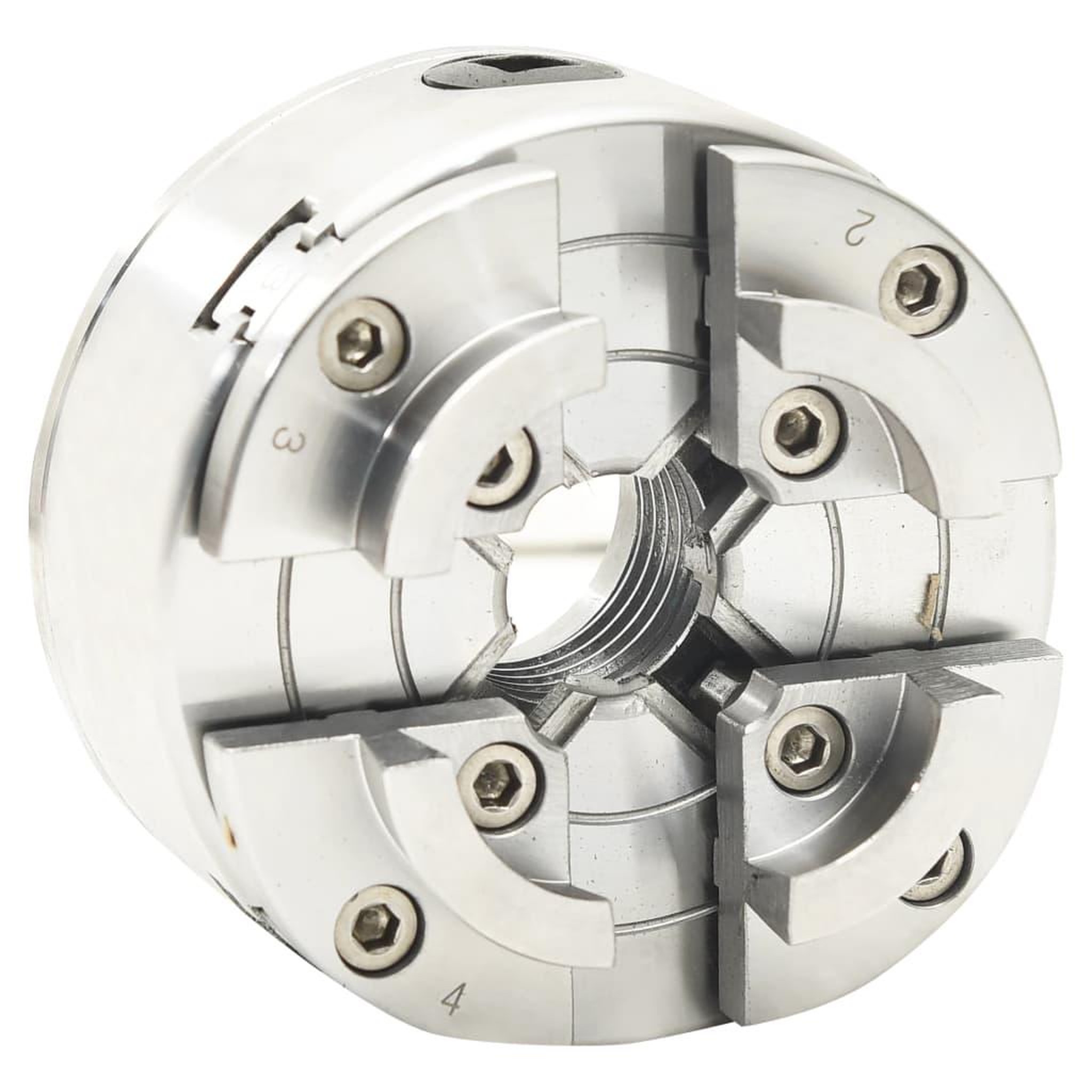 Voir la diapositive 2 : VIDAXL Mandrin a bois a 4 machoires connexion M33 argente 96 mm