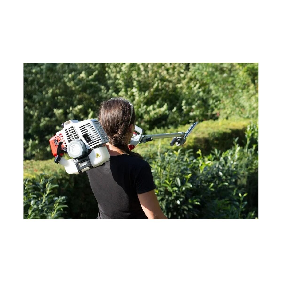 Ikra Outils de Jardin Multifonction Thermique 4en1 Taille haie + Élagueuse + Débroussailleuse (lame et bobine) Harnais Confort IKRA